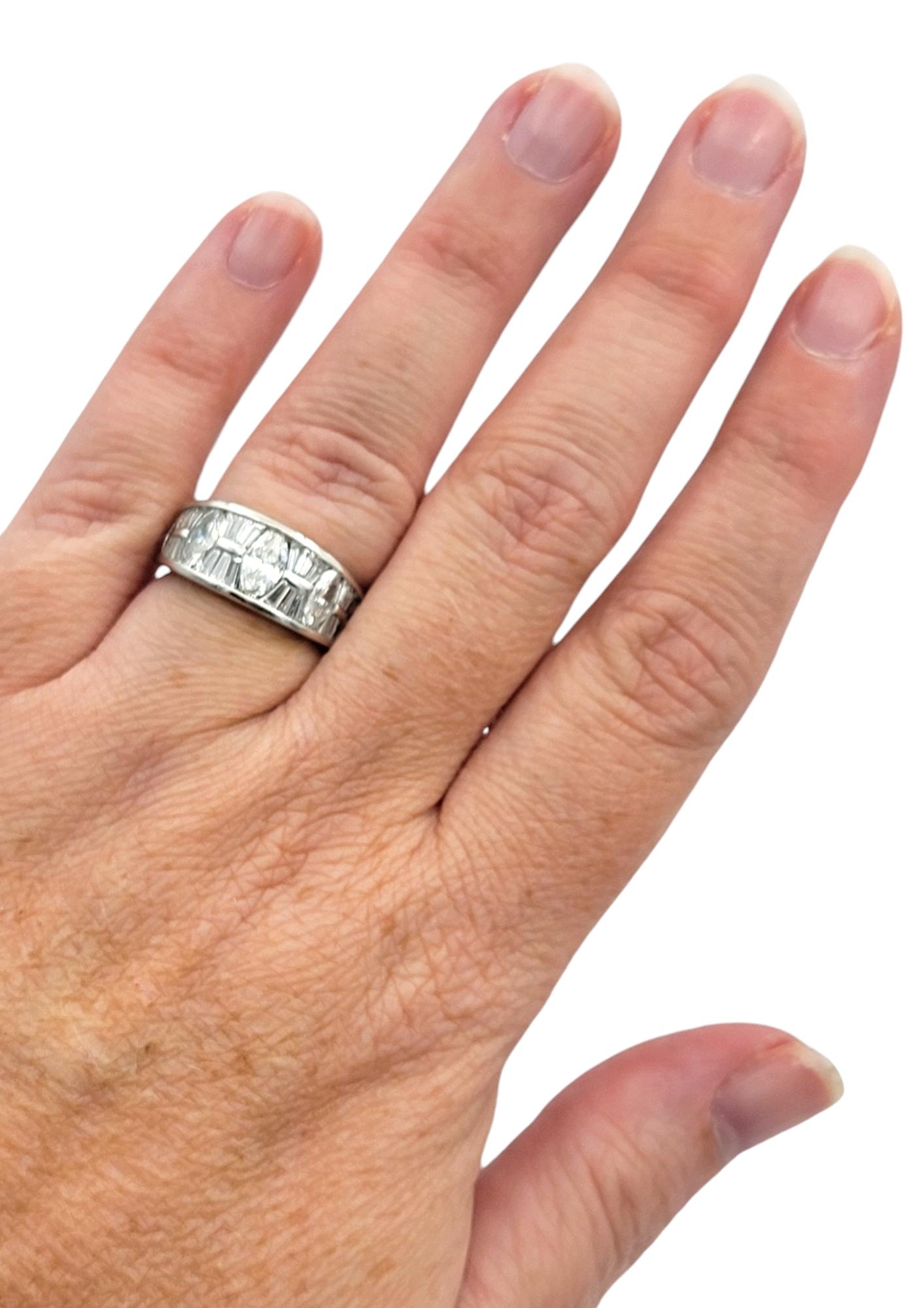 Alternating Marquise and Baguette Cut Diamond Bang Ring in Polished Platinum For Sale 3