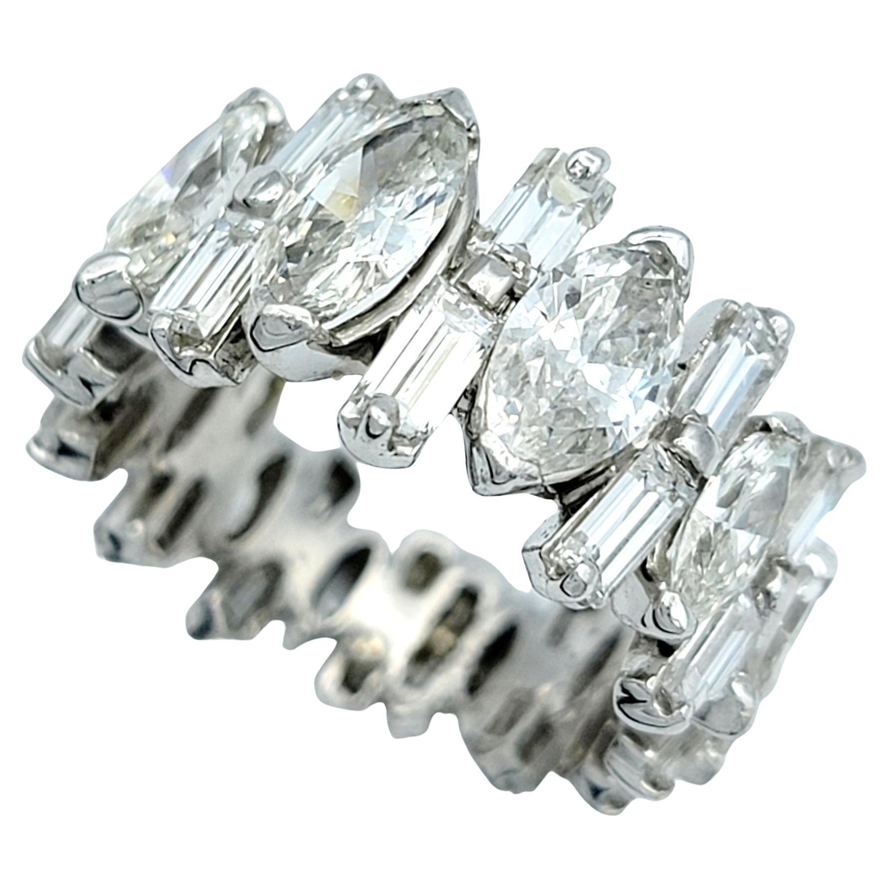 Contemporary Alternating Marquise and Baguette Diamond Graduated Band Ring Set in Platinum For Sale