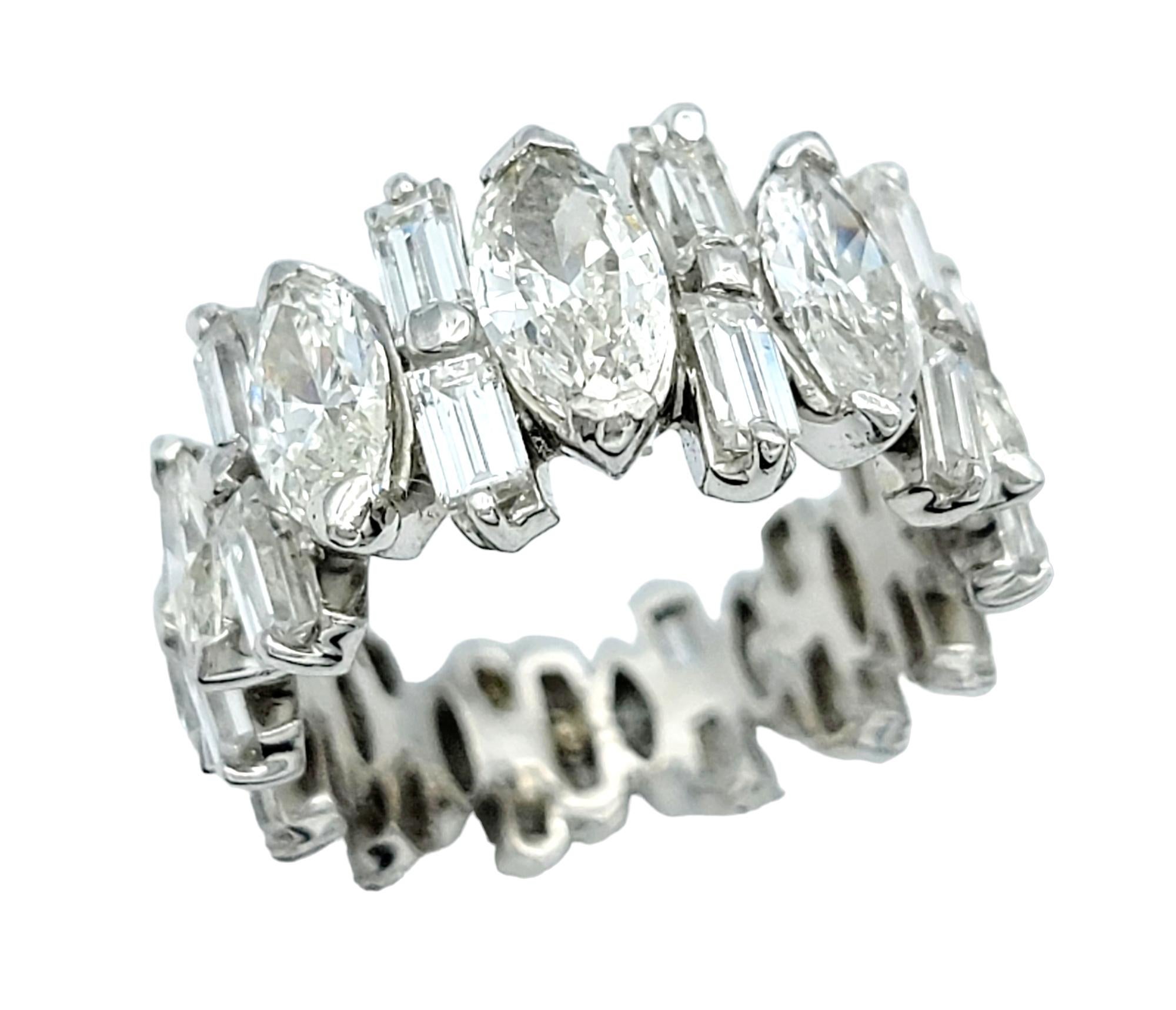 Marquise Cut Alternating Marquise and Baguette Diamond Graduated Band Ring Set in Platinum For Sale