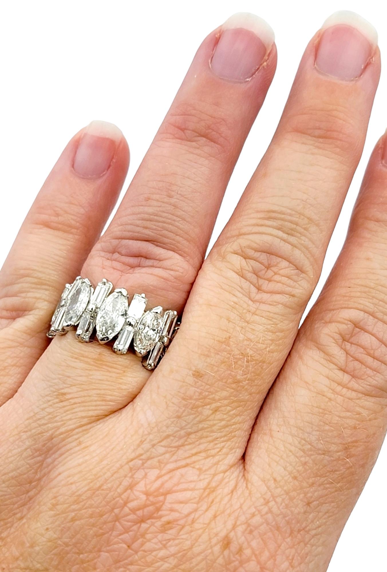 Women's Alternating Marquise and Baguette Diamond Graduated Band Ring Set in Platinum For Sale