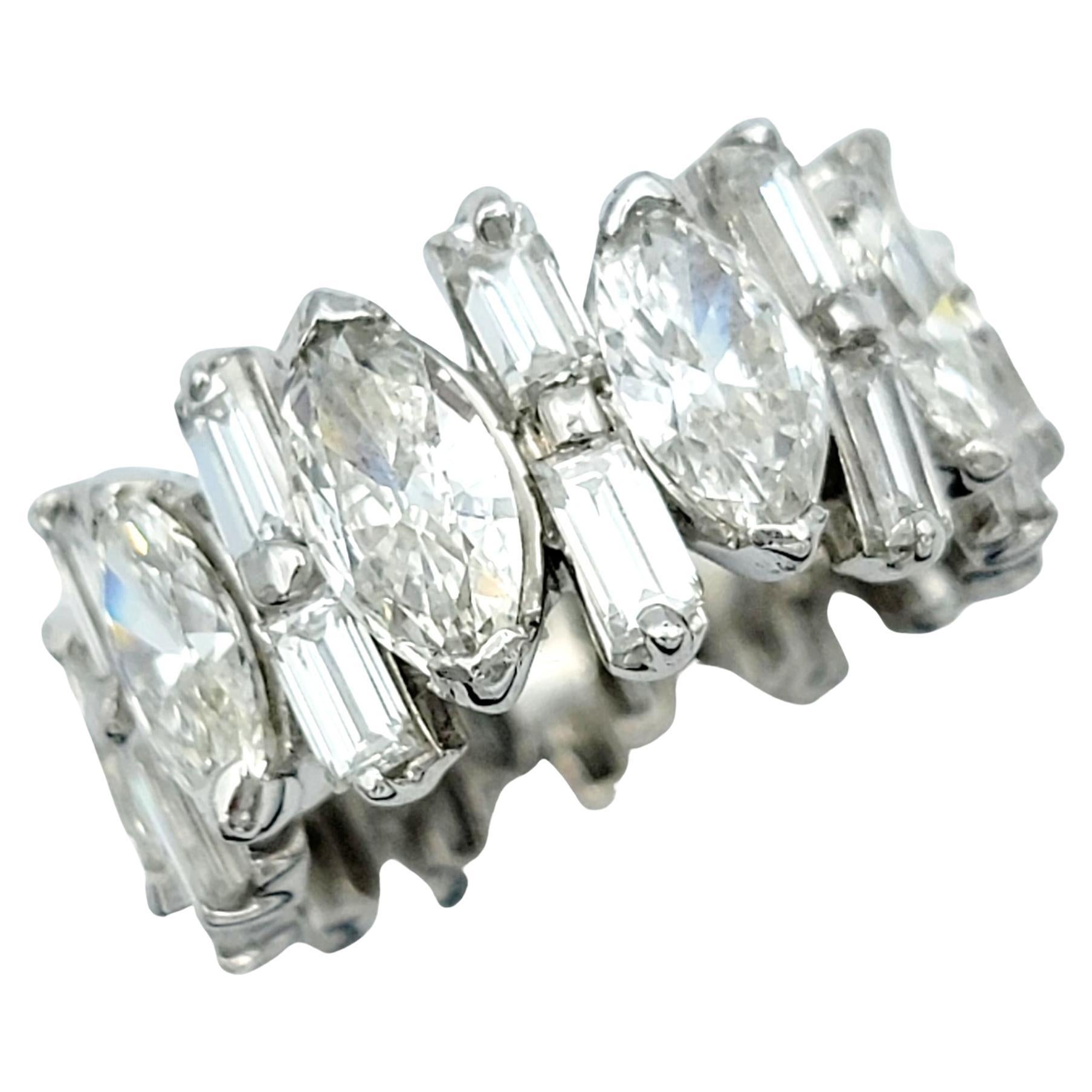 Alternating Marquise and Baguette Diamond Graduated Band Ring Set in Platinum For Sale