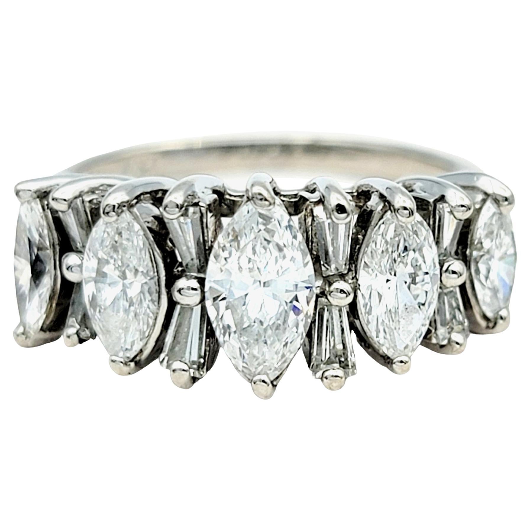 Alternating Marquise and Tapered Baguette Diamond Band Ring 14 Karat White Gold