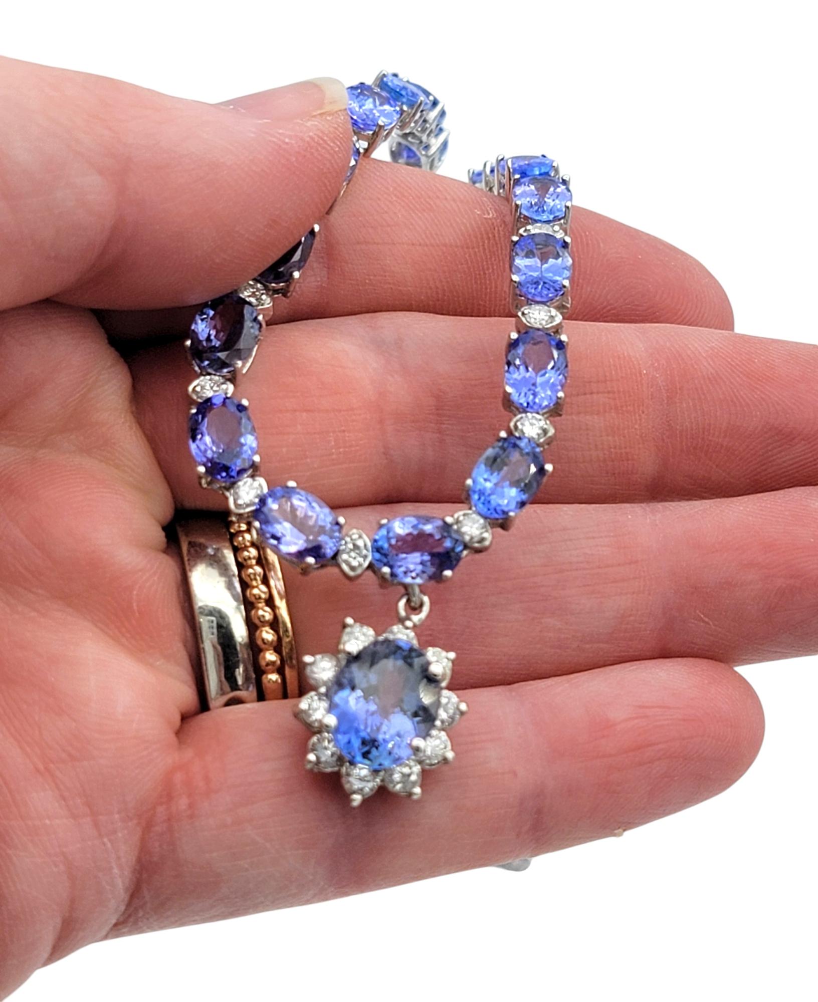 Alternating Oval Cut Tanzanite and Diamond Drop Necklace in 14 Karat White Gold For Sale 6