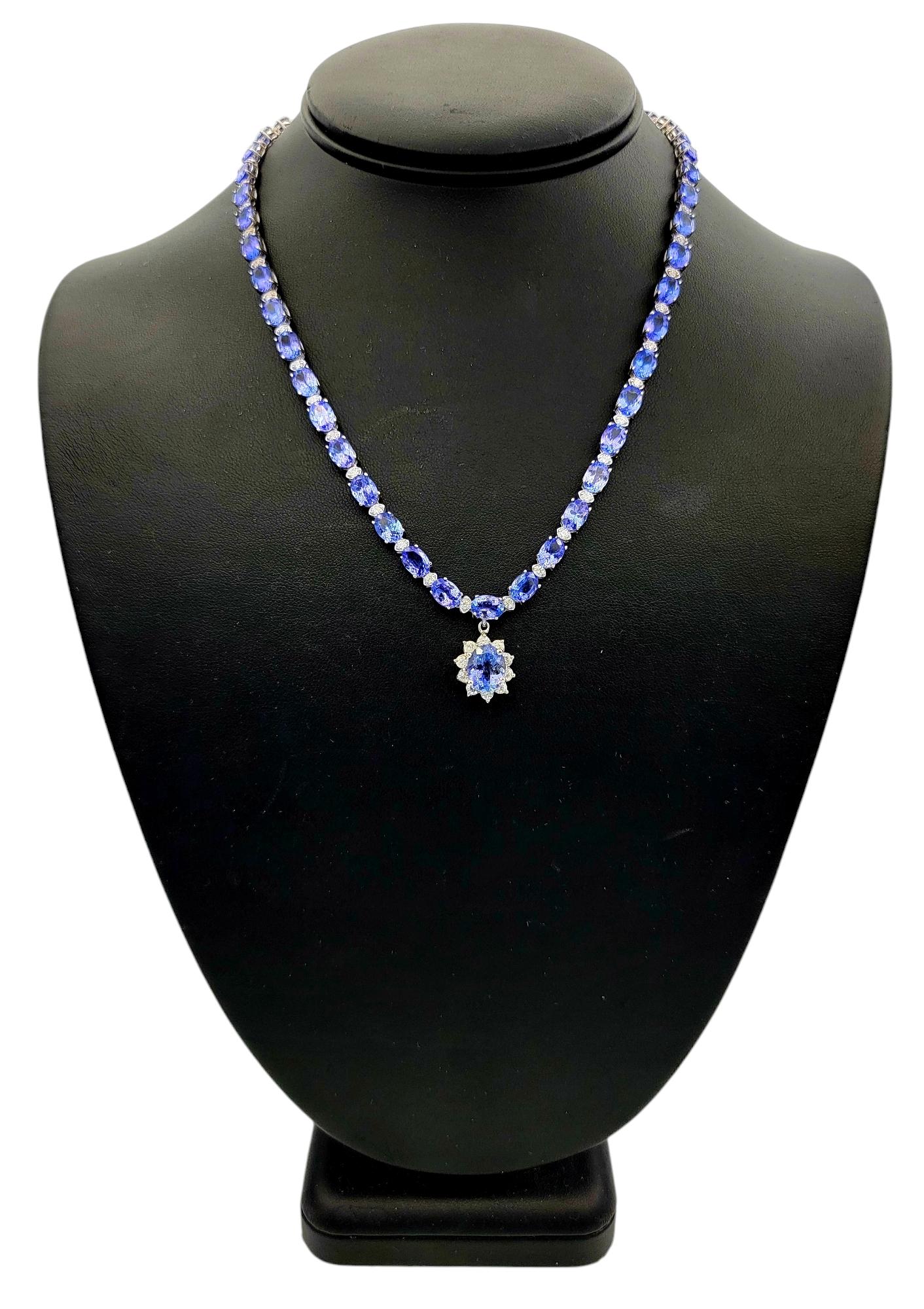 Alternating Oval Cut Tanzanite and Diamond Drop Necklace in 14 Karat White Gold For Sale 7