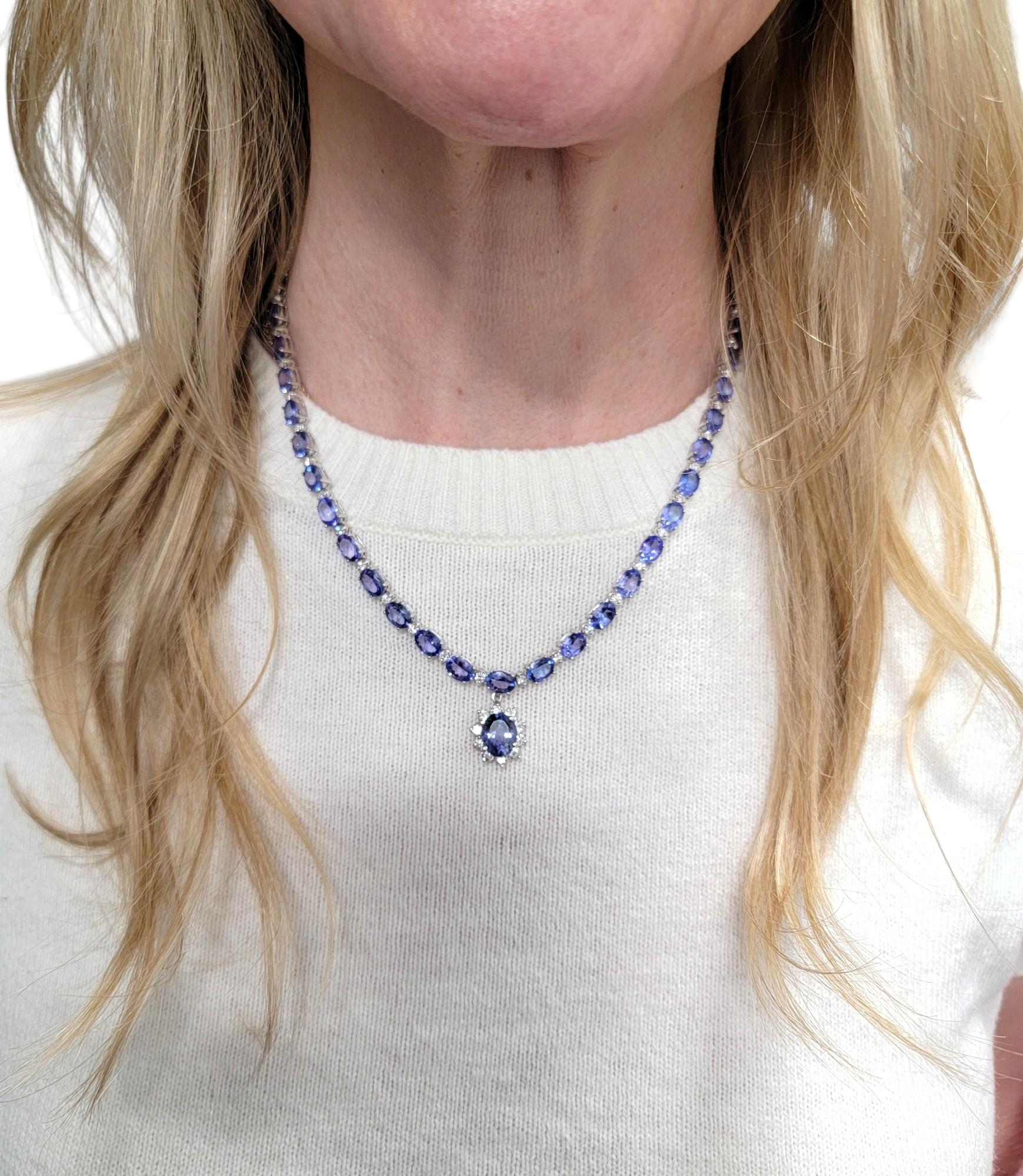 Alternating Oval Cut Tanzanite and Diamond Drop Necklace in 14 Karat White Gold For Sale 8