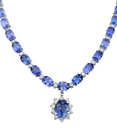 46.6 Carats Total Oval Tanzanite & Diamond Drop Pendant Necklace 14 Karat Gold