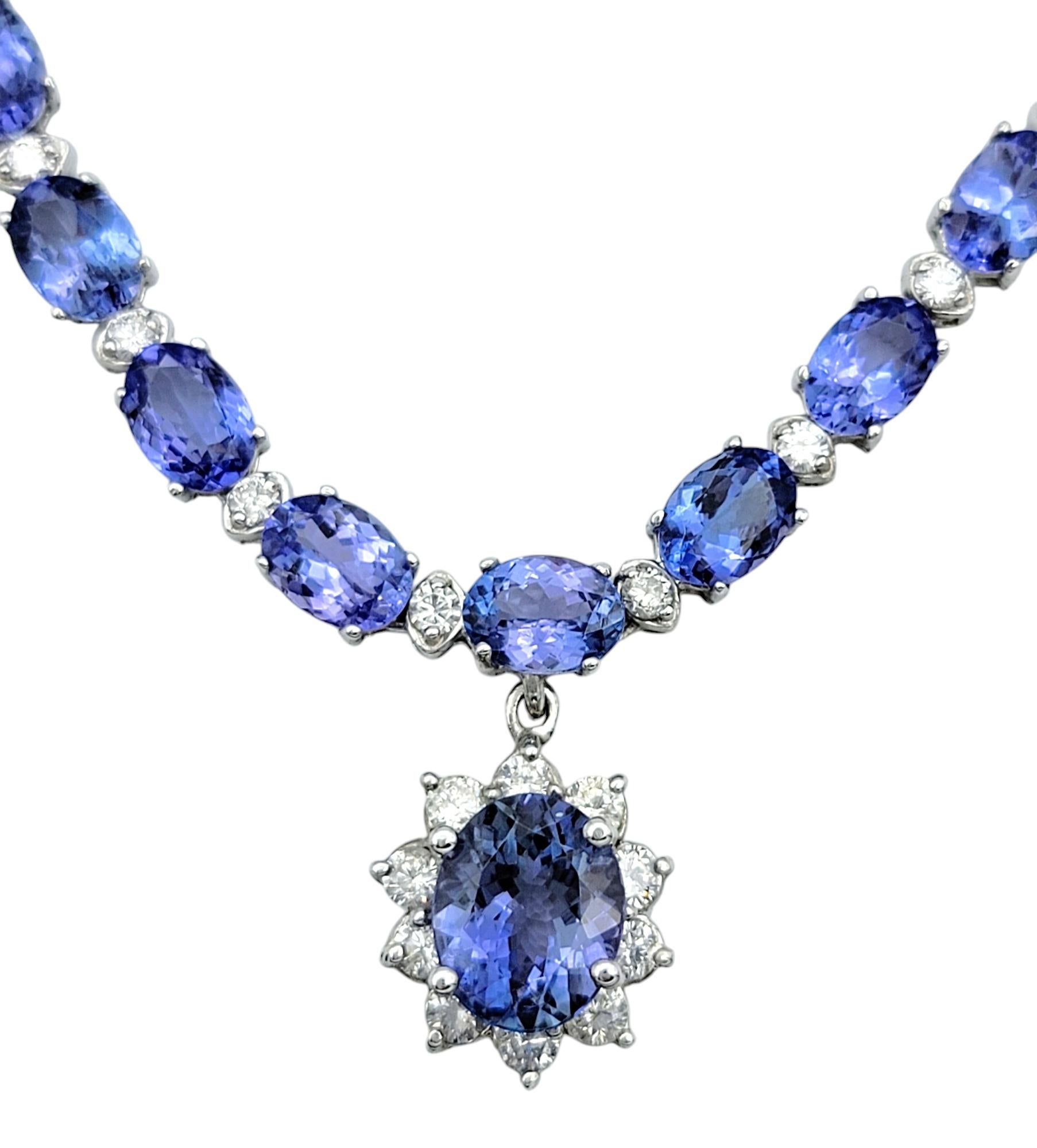 Contemporary Alternating Oval Cut Tanzanite and Diamond Drop Necklace in 14 Karat White Gold For Sale
