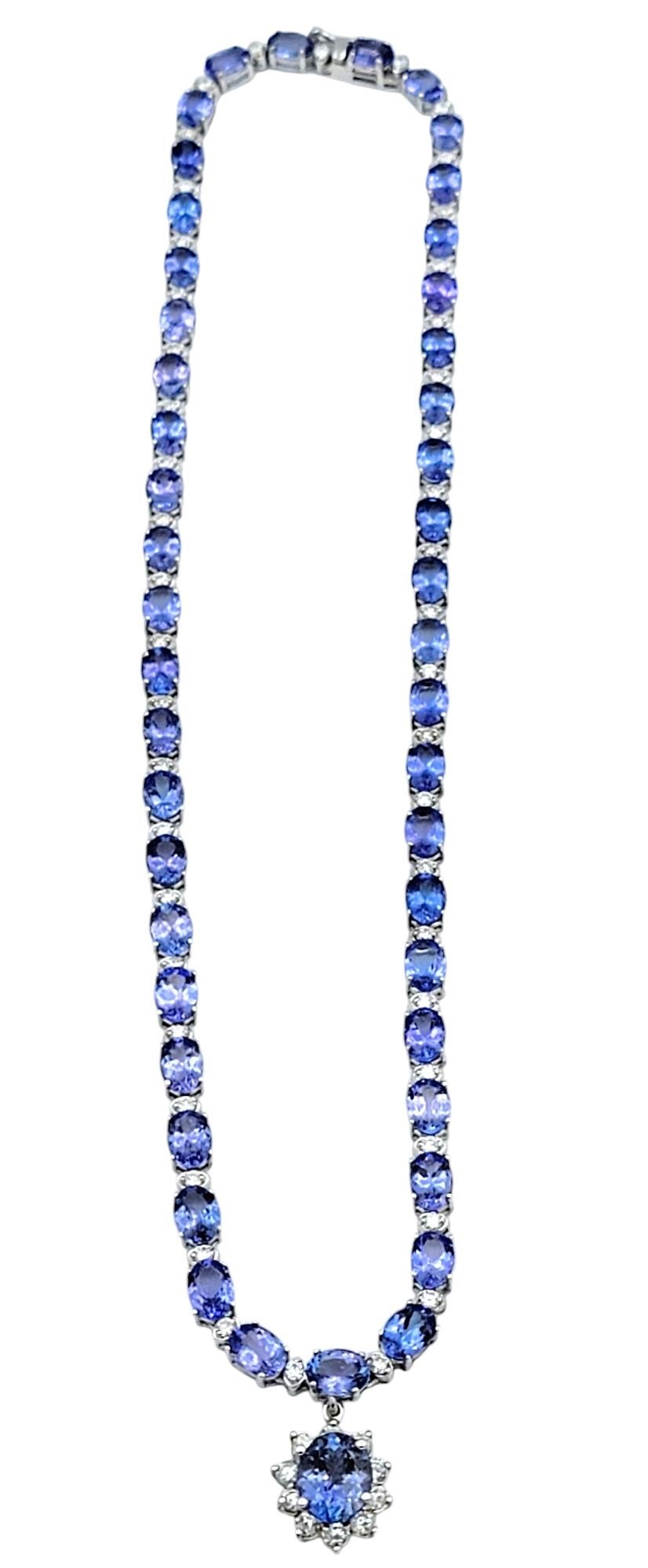 Alternating Oval Cut Tanzanite and Diamond Drop Necklace in 14 Karat White Gold In Good Condition For Sale In Scottsdale, AZ