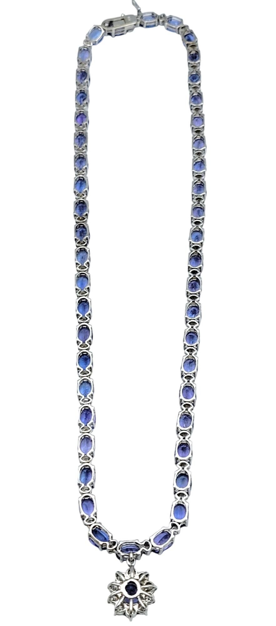 Women's Alternating Oval Cut Tanzanite and Diamond Drop Necklace in 14 Karat White Gold For Sale