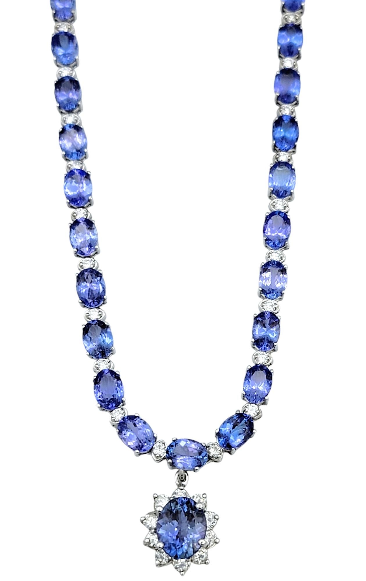 Alternating Oval Cut Tanzanite and Diamond Drop Necklace in 14 Karat White Gold For Sale 1