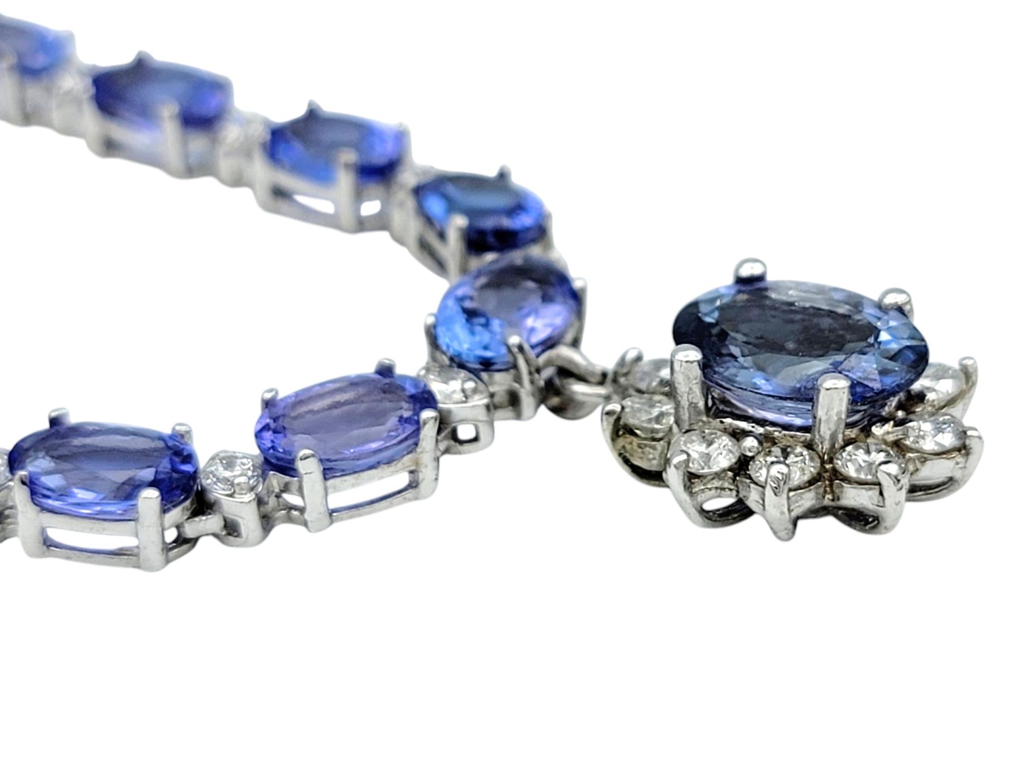 Alternating Oval Cut Tanzanite and Diamond Drop Necklace in 14 Karat White Gold For Sale 2