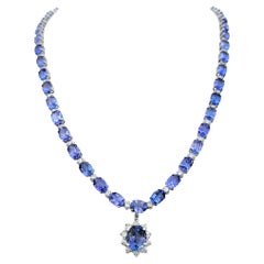 Alternating Oval Cut Tanzanite and Diamond Drop Necklace in 14 Karat White Gold