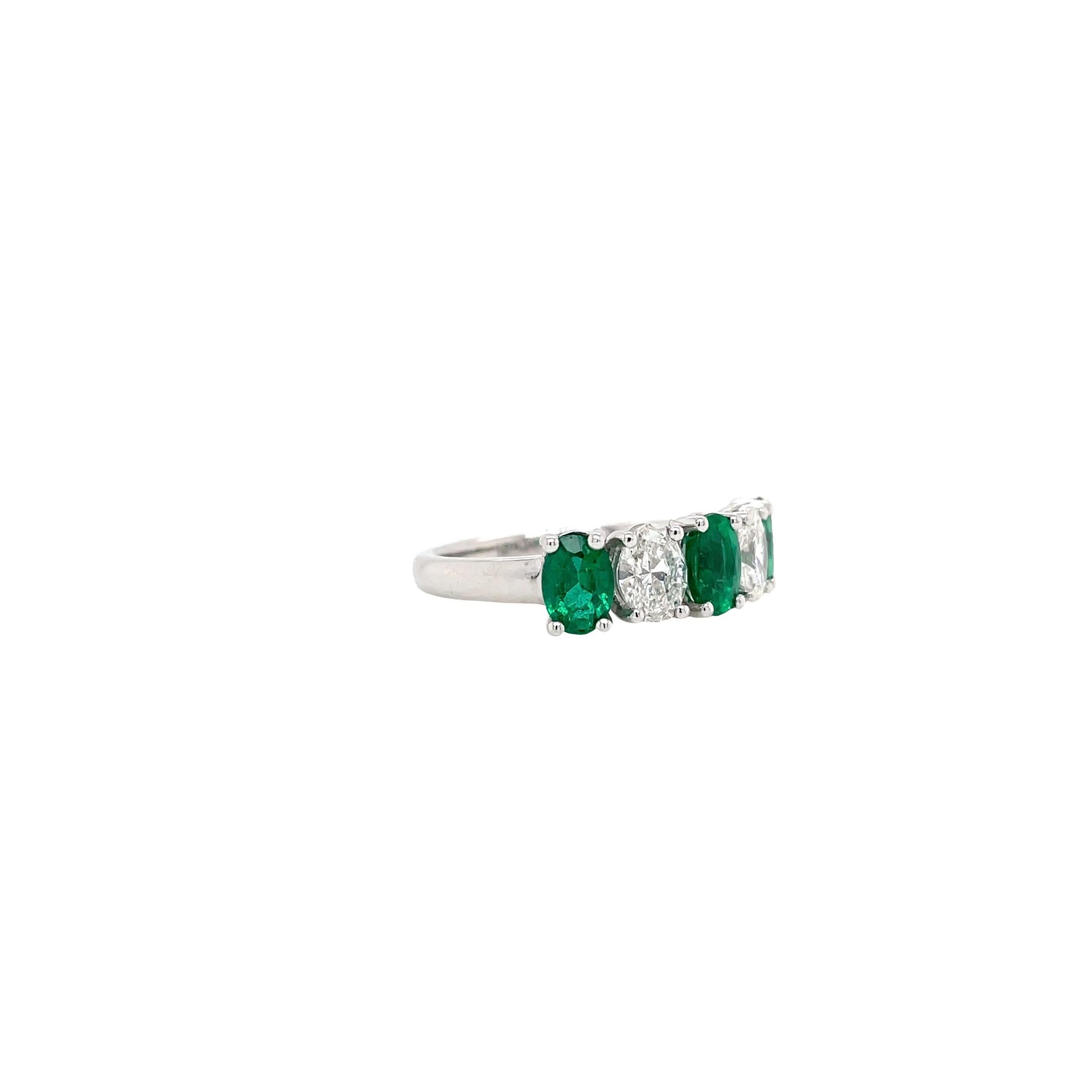 Contemporary Alternating Oval Emerald & Diamond Ring in Platinum For Sale