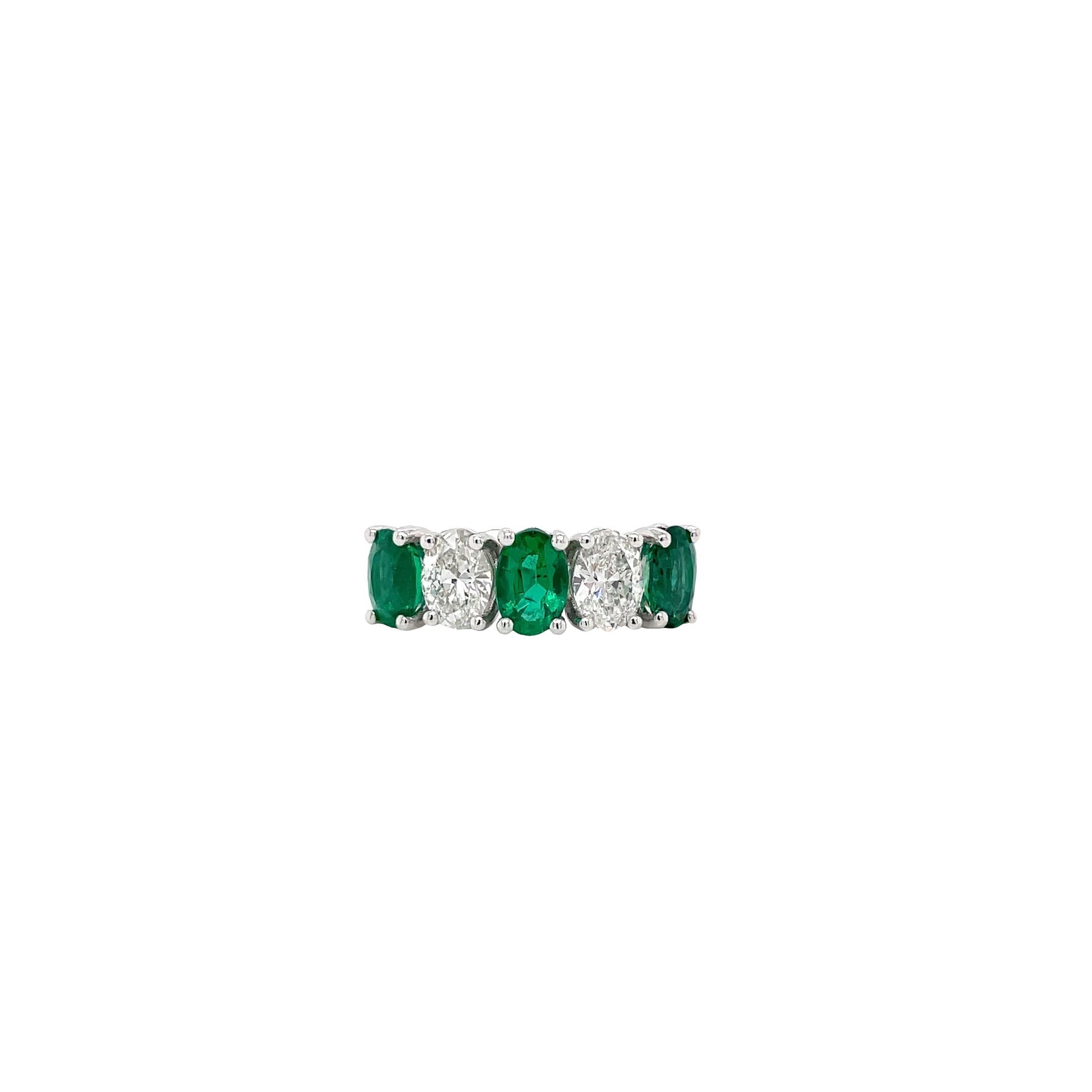 Oval Cut Alternating Oval Emerald & Diamond Ring in Platinum For Sale