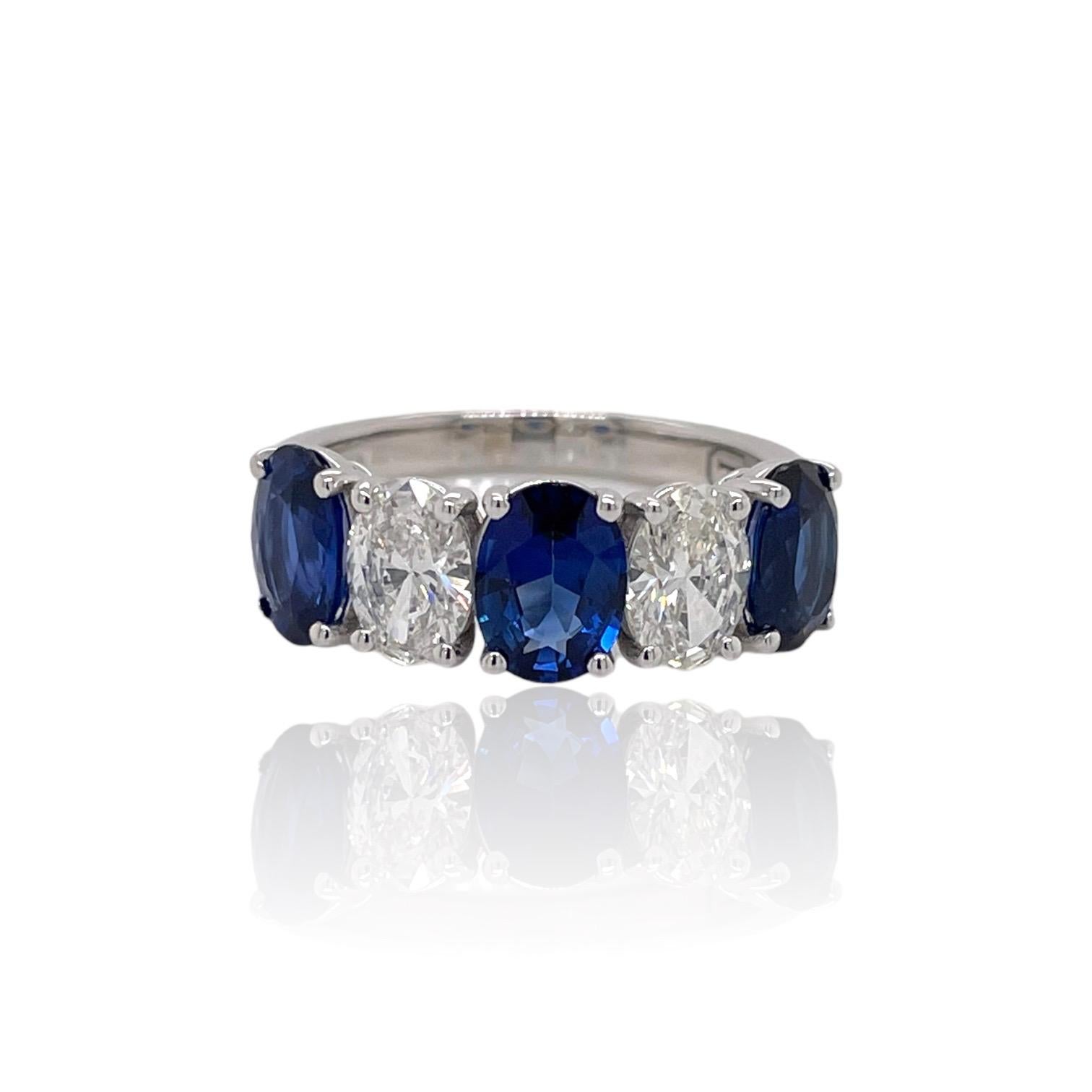 Oval Cut Alternating Oval Sapphire & Diamond Ring in 18k White Gold For Sale