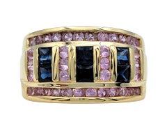 Alternating Pink and Blue Sapphire Multi-Row Wide Band Ring 14 Karat Yellow Gold