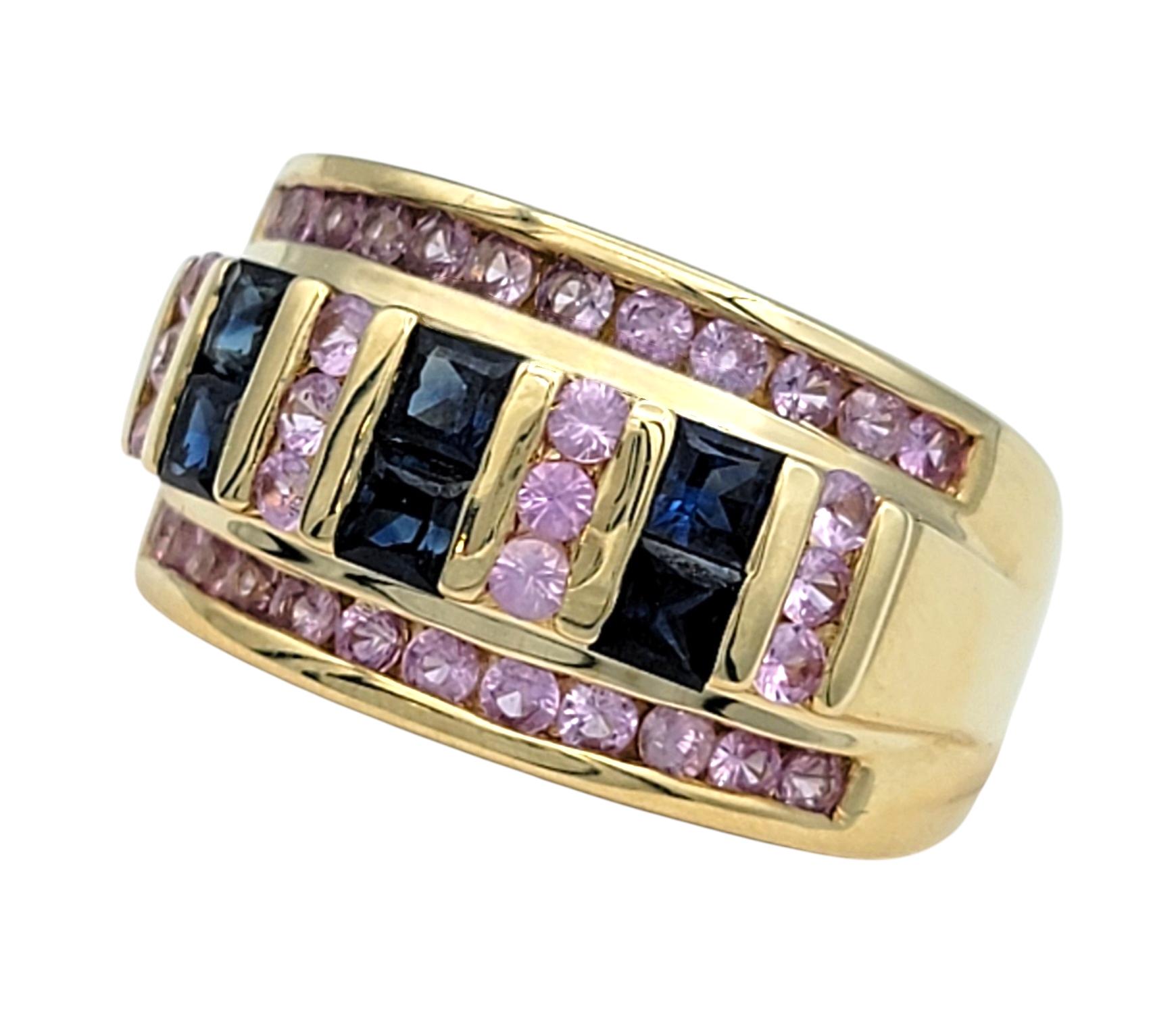 Contemporary Alternating Pink and Blue Sapphire Multi-Row Wide Band Ring 14 Karat Yellow Gold For Sale
