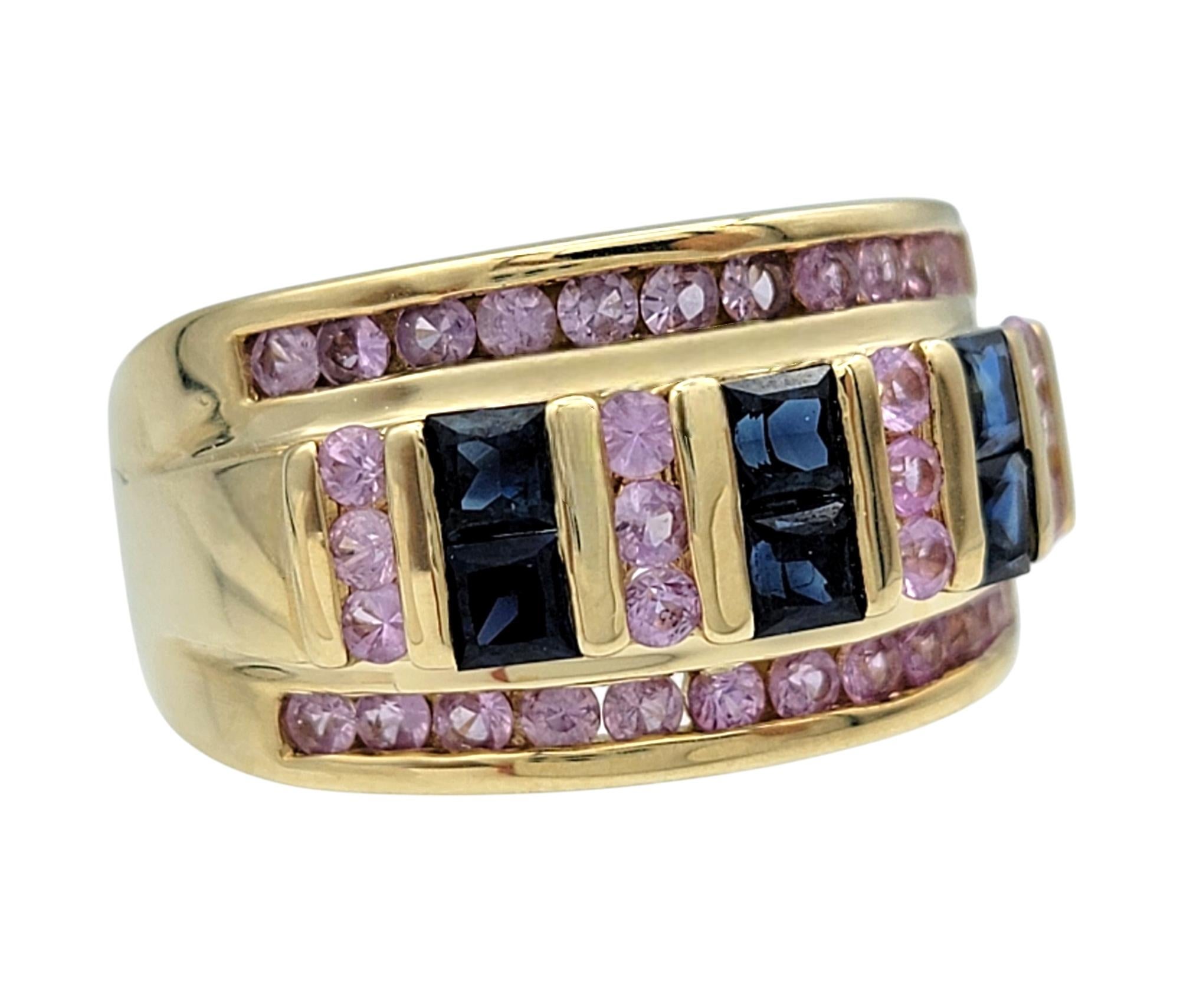 Princess Cut Alternating Pink and Blue Sapphire Multi-Row Wide Band Ring 14 Karat Yellow Gold For Sale