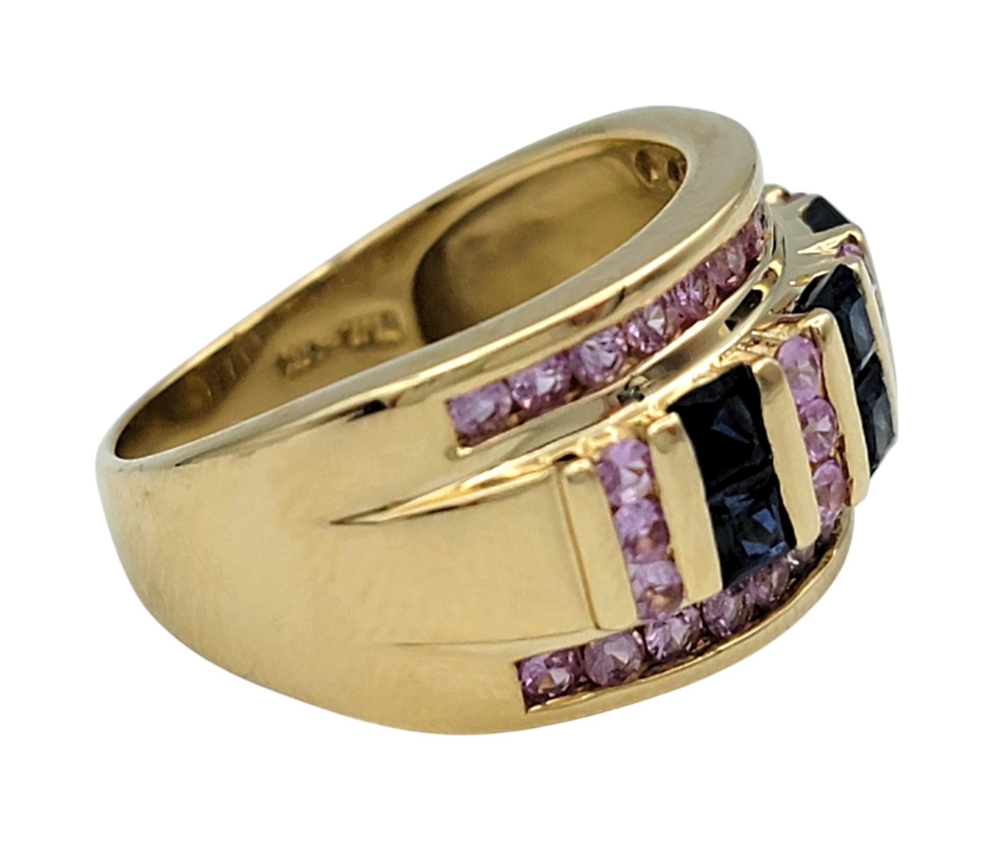 Alternating Pink and Blue Sapphire Multi-Row Wide Band Ring 14 Karat Yellow Gold In Good Condition For Sale In Scottsdale, AZ