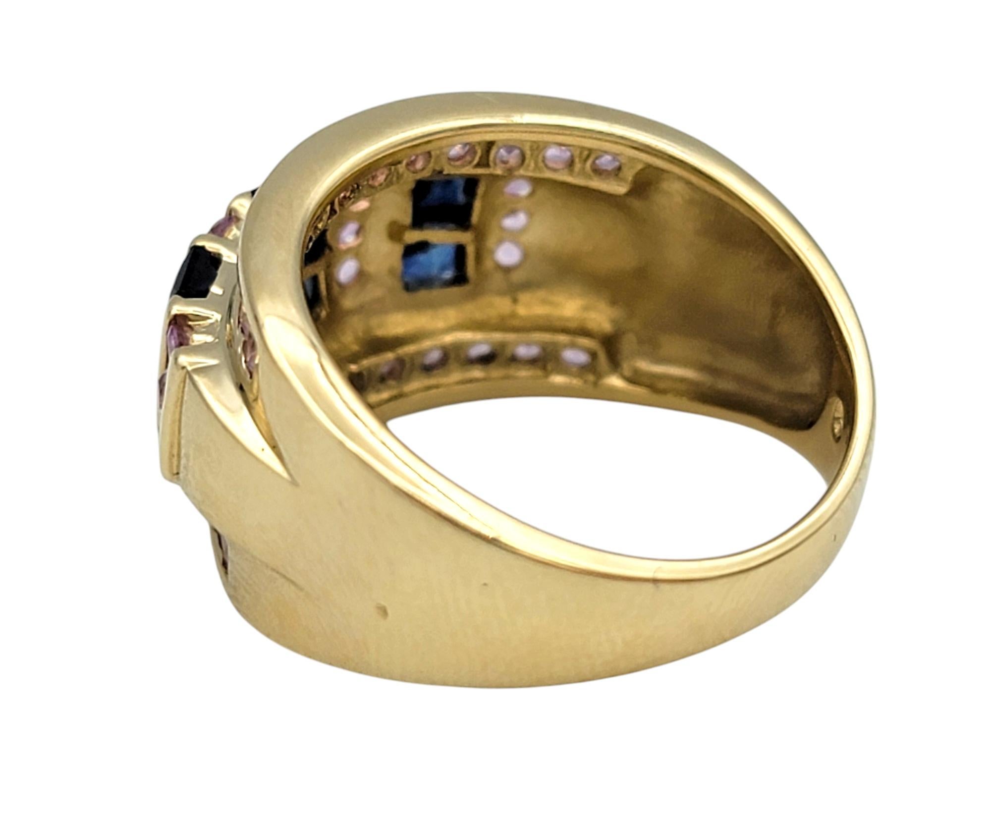 Women's Alternating Pink and Blue Sapphire Multi-Row Wide Band Ring 14 Karat Yellow Gold For Sale