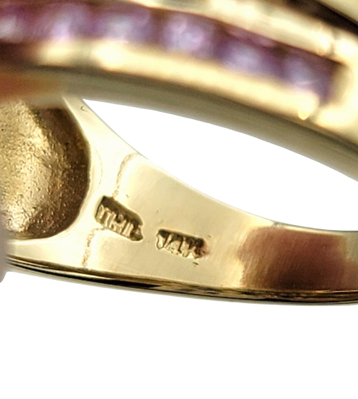 Alternating Pink and Blue Sapphire Multi-Row Wide Band Ring 14 Karat Yellow Gold For Sale 1
