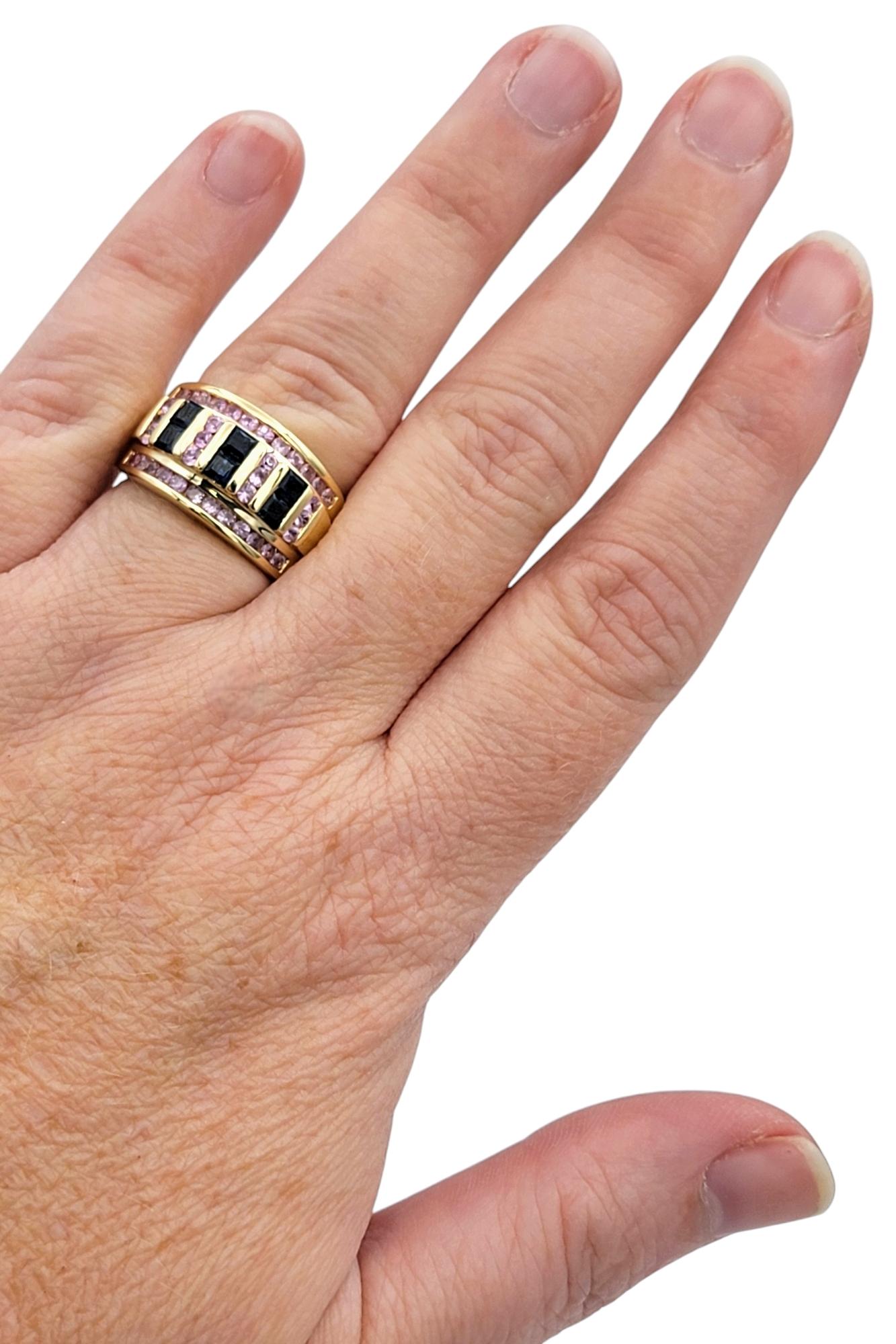 Alternating Pink and Blue Sapphire Multi-Row Wide Band Ring 14 Karat Yellow Gold For Sale 2