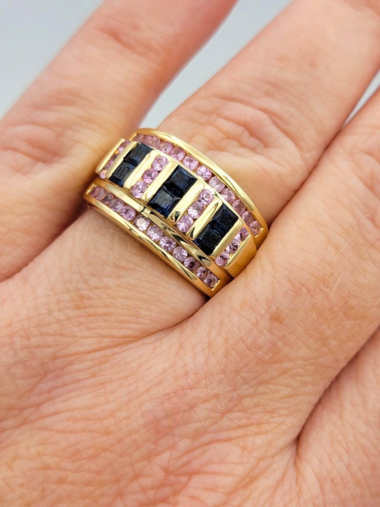 Alternating Pink and Blue Sapphire Multi-Row Wide Band Ring 14 Karat Yellow Gold For Sale 3