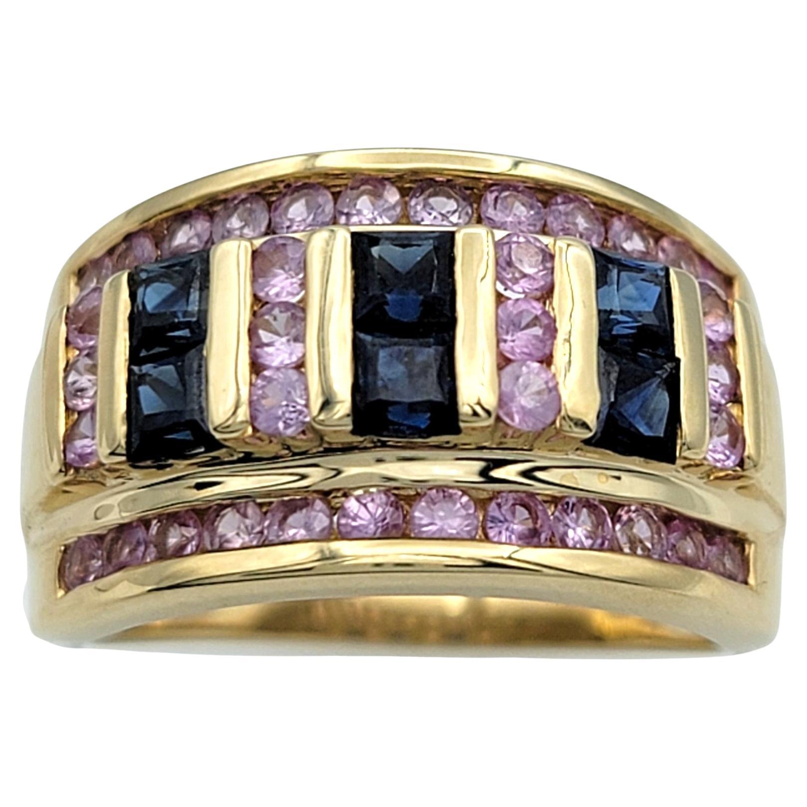 Alternating Pink and Blue Sapphire Multi-Row Wide Band Ring 14 Karat Yellow Gold