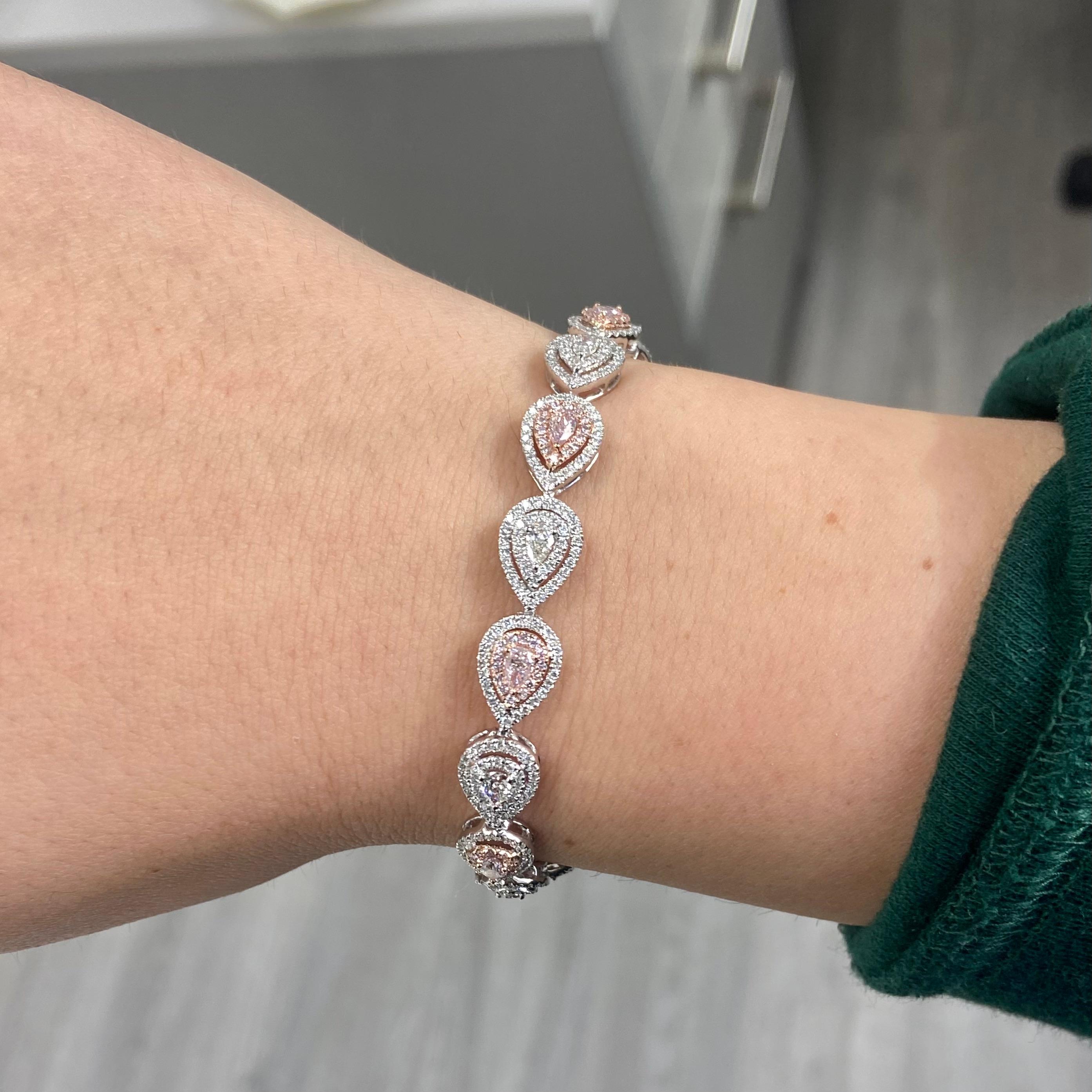Pear Cut Alternating Pink and White Pear Shape Diamond Bracelet For Sale