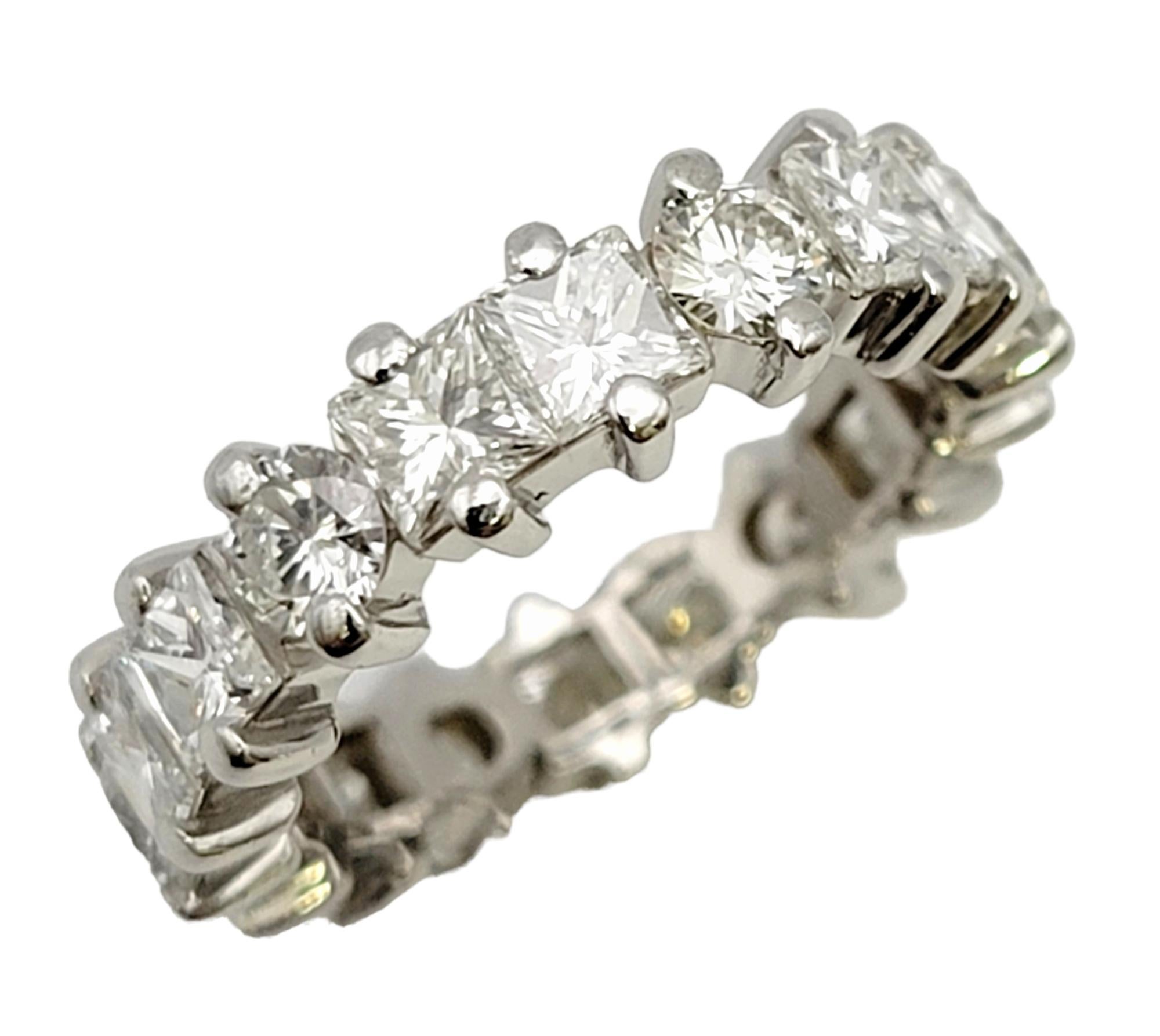 Contemporary Alternating Princess and Round Cut Diamond Eternity Band Ring in Platinum 5.75 For Sale