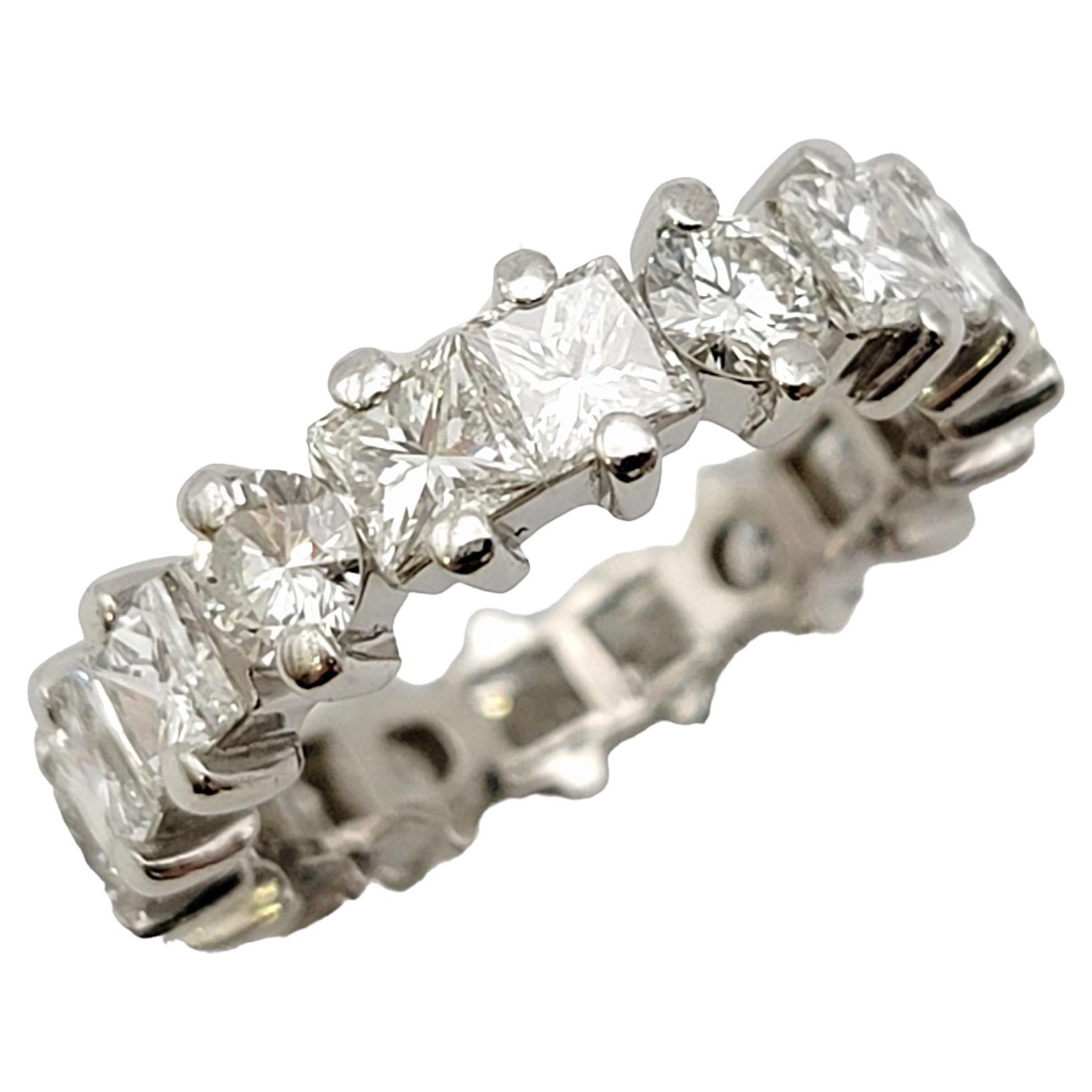Alternating Princess and Round Cut Diamond Eternity Band Ring in Platinum 5.75 For Sale