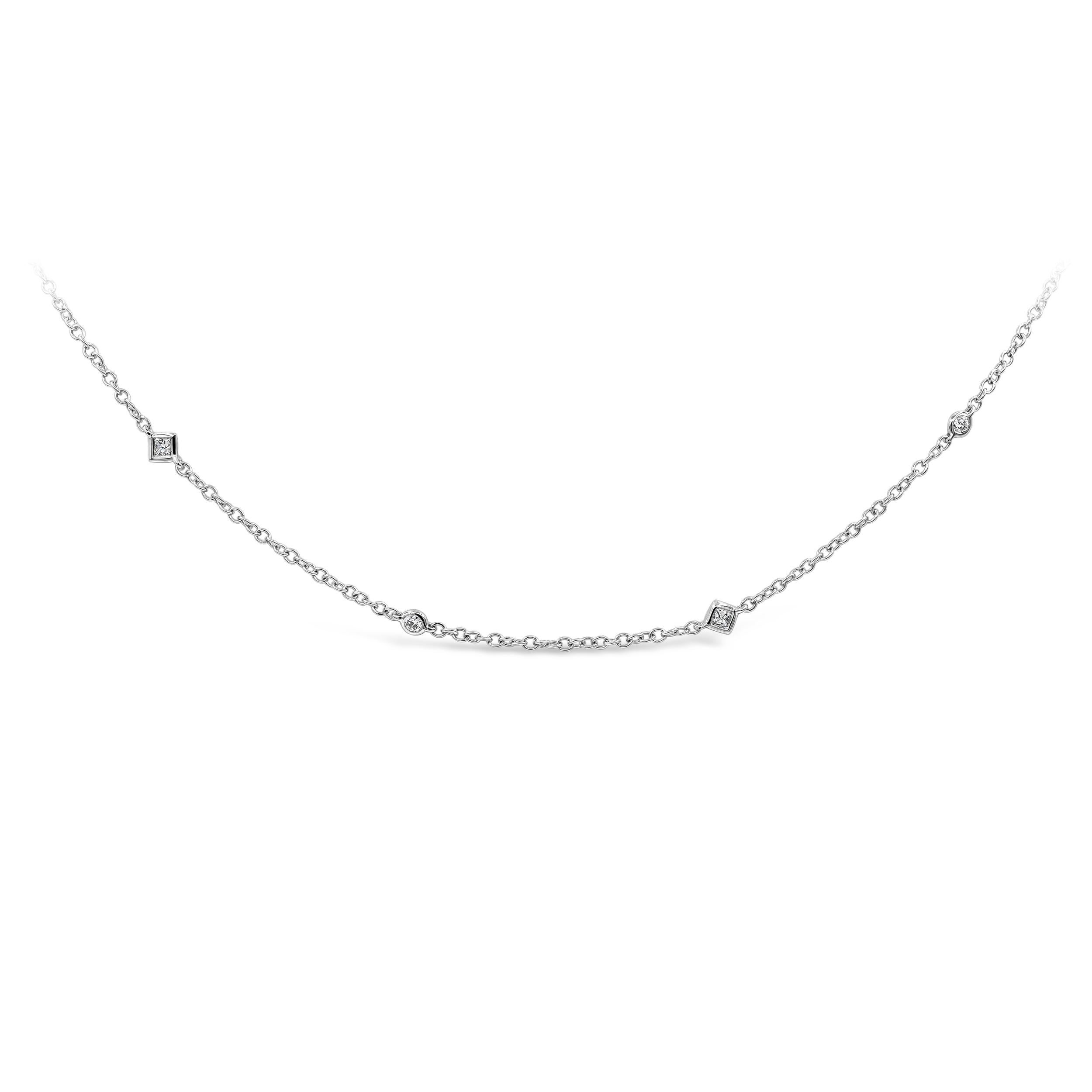 A simple diamonds by the yard necklace showcasing alternating round and princess cut diamonds, weighing 0.36 carats total bezel. Set and evenly spaced in an 18K White Gold chain, 16 inches in length. Perfect for your everyday use. 

Roman Malakov is