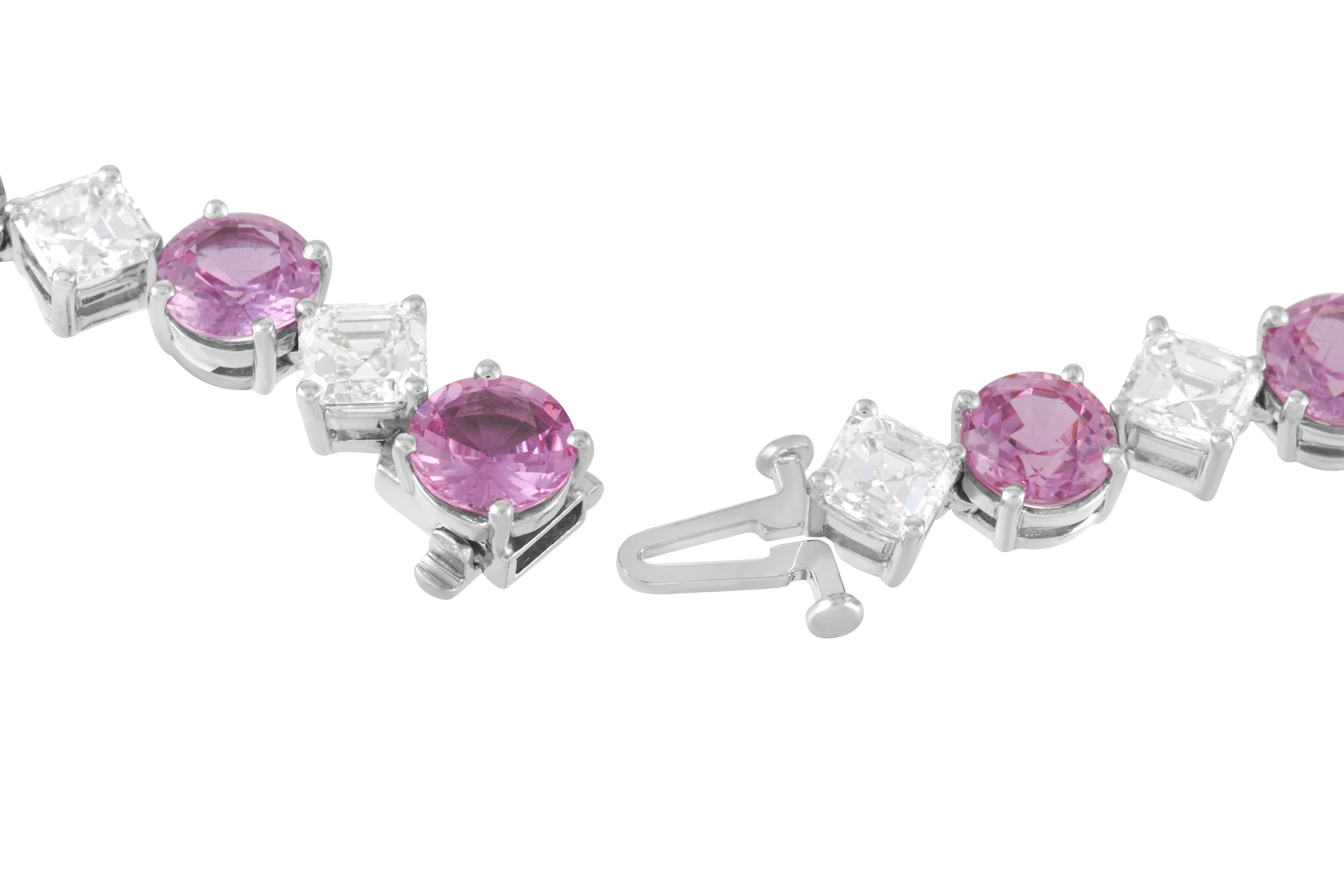 Round Cut Alternating Purple-Pink Sapphire and Diamond Line Necklace in Platinum
