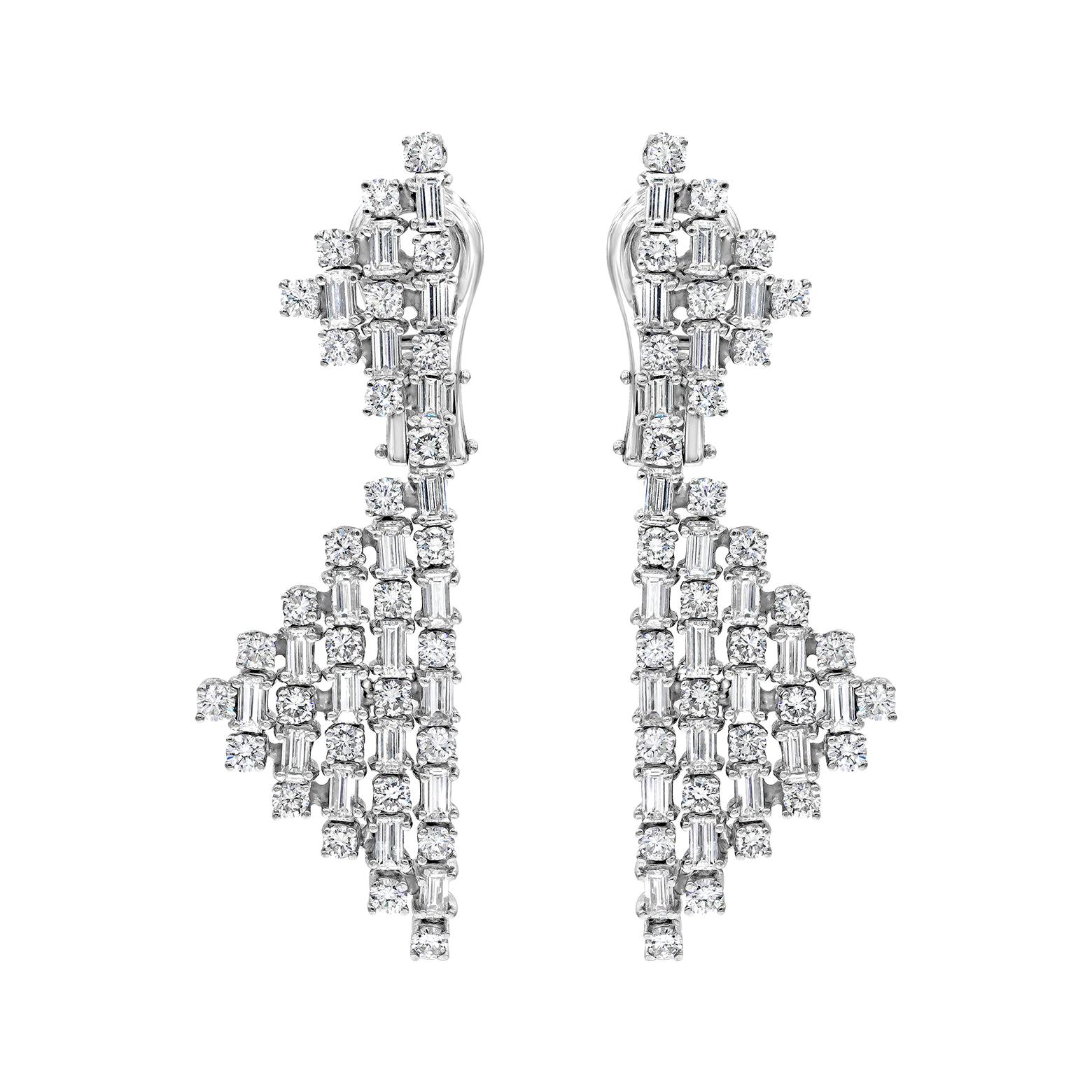 Roman Malakov 7.41 Carats Total Round and Baguette Cut Diamond Drop Earrings For Sale
