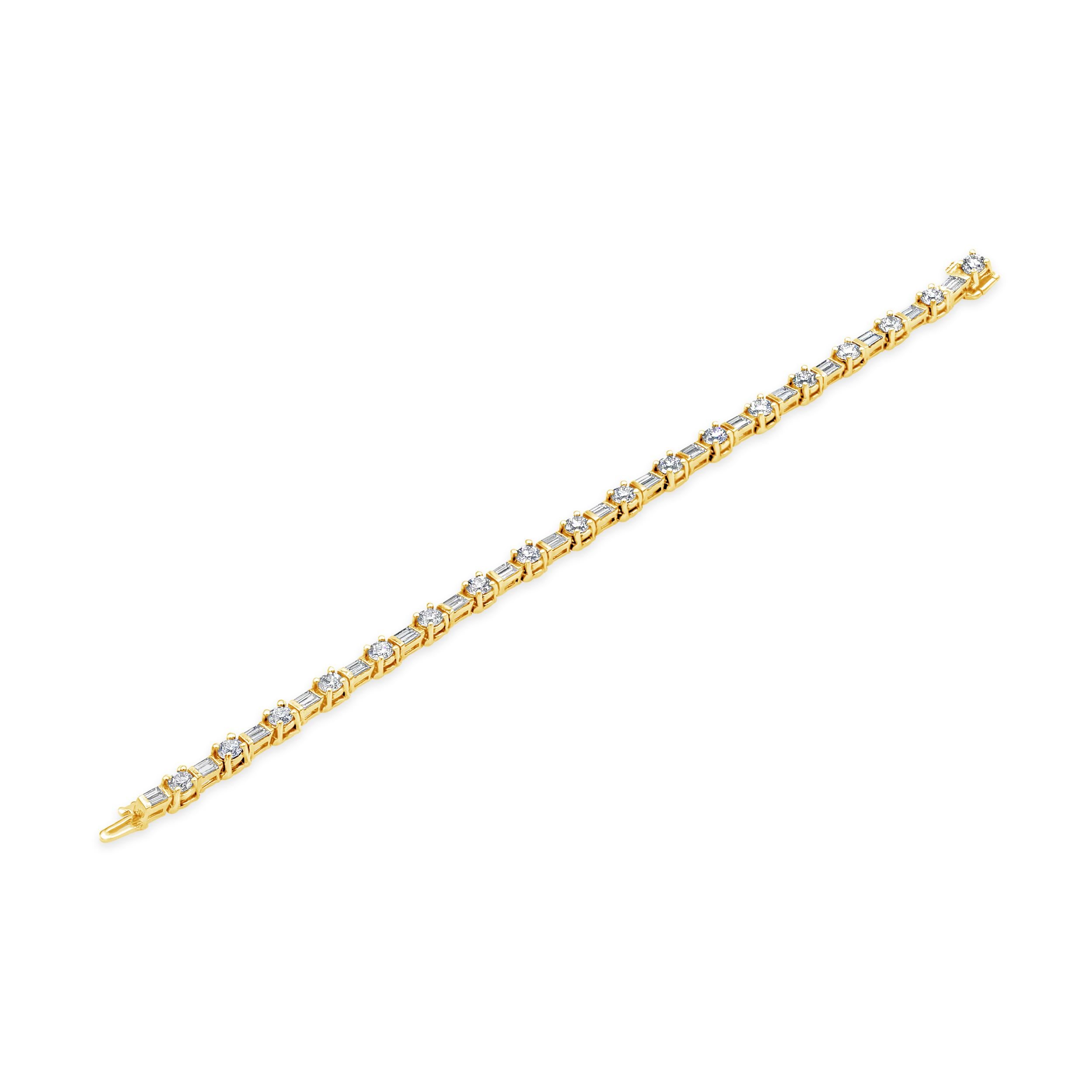 This bracelet features round diamonds of 4.90 carats and baguette diamonds of 2.60 carats. The diamonds are F in color and VS1-SI1 in clarity. The two diamond cuts alternate elegantly with each other, separated only by a bar set. Made in 18K yellow