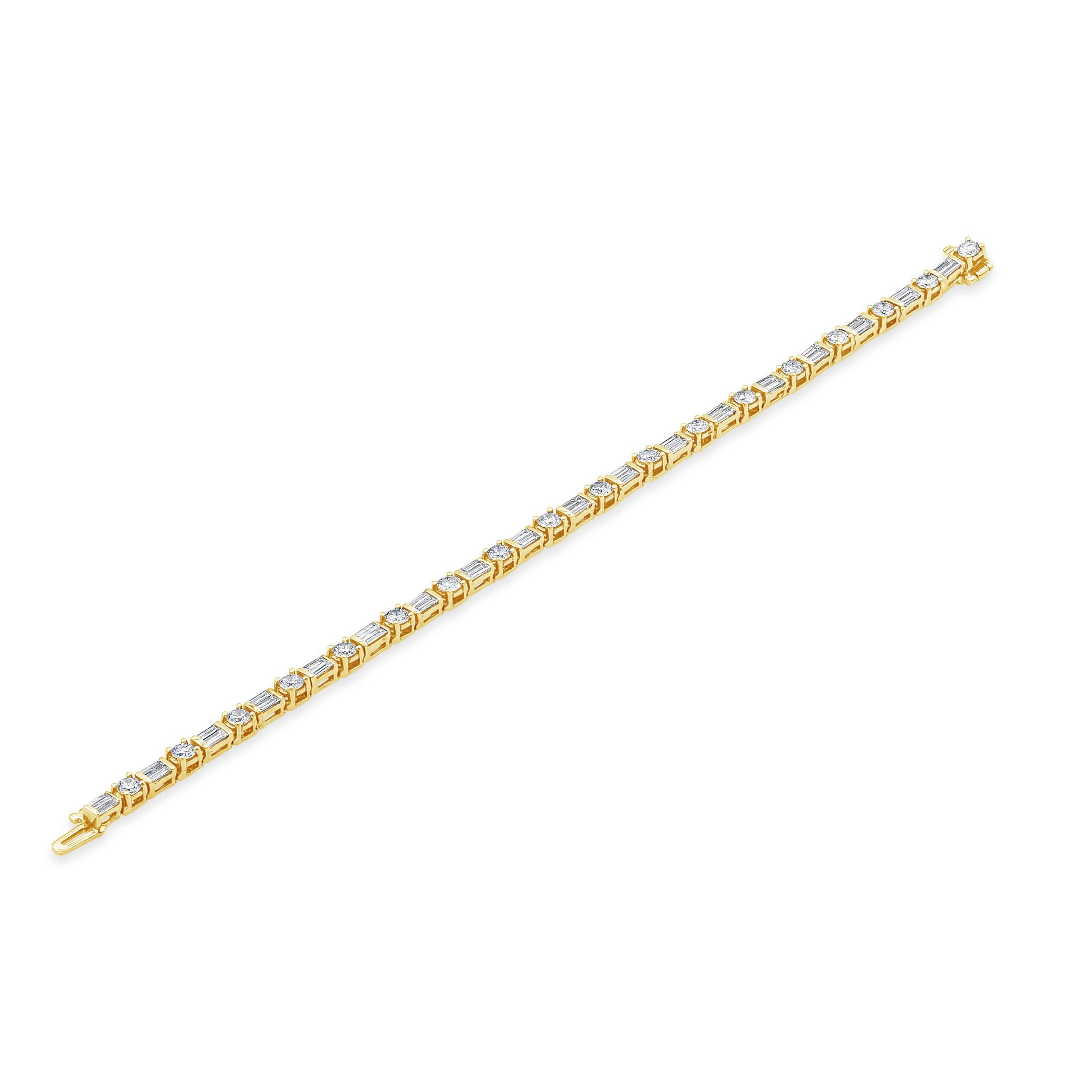 This simple and color-rich tennis bracelet features a brilliant round diamonds weighing 2.73 carats and baguette cut diamonds weighing 2.43 carats elegantly alternates with each other. Bar set, Made in 18K Yellow Gold, 7 inches in Length. 

Roman