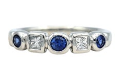 Alternating Round Blue Sapphire and Princess Cut Diamond Band Ring in Platinum