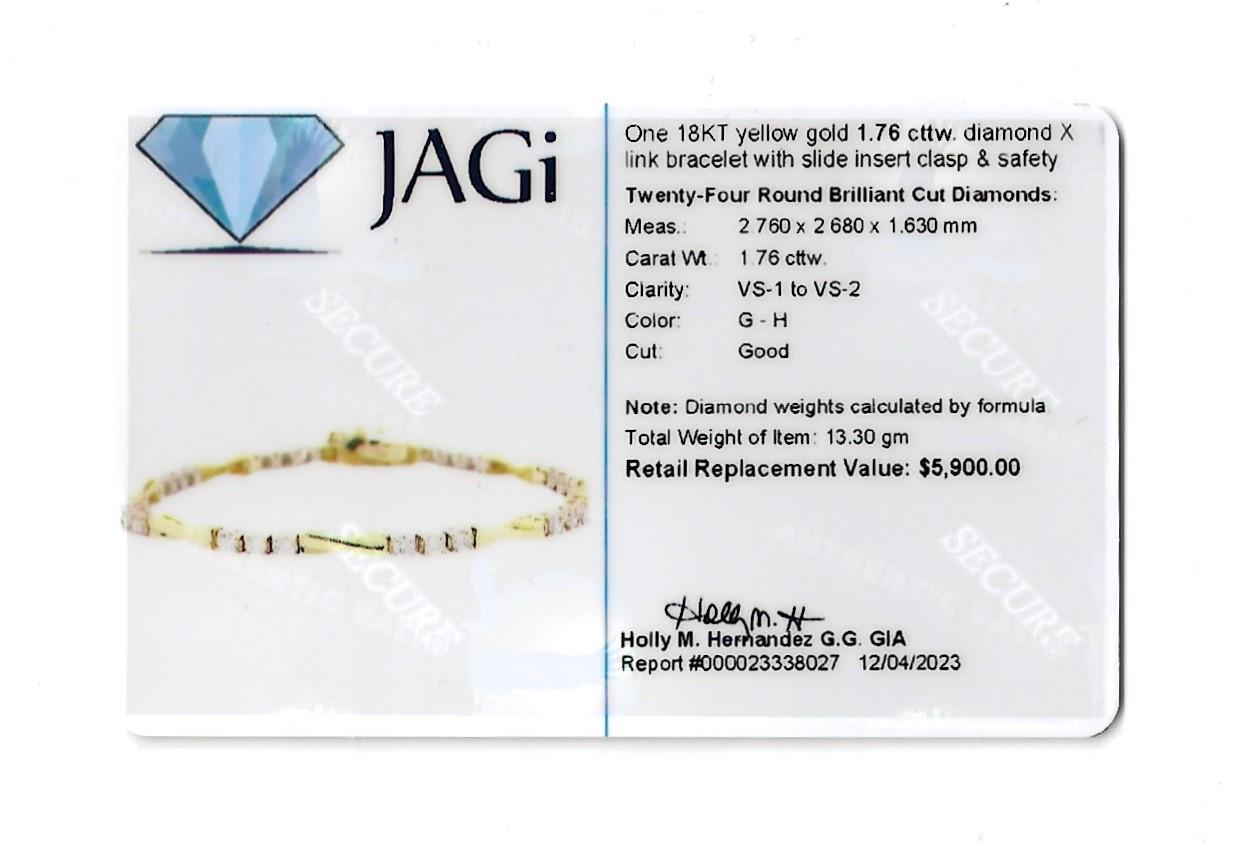 Bracciale con diamanti rotondi alternati e X allungata A Link in oro giallo 18 carati in vendita 4