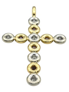 Alternating Round Diamond and Pink Sapphire Cross Pendant Two Tone 18 Karat Gold