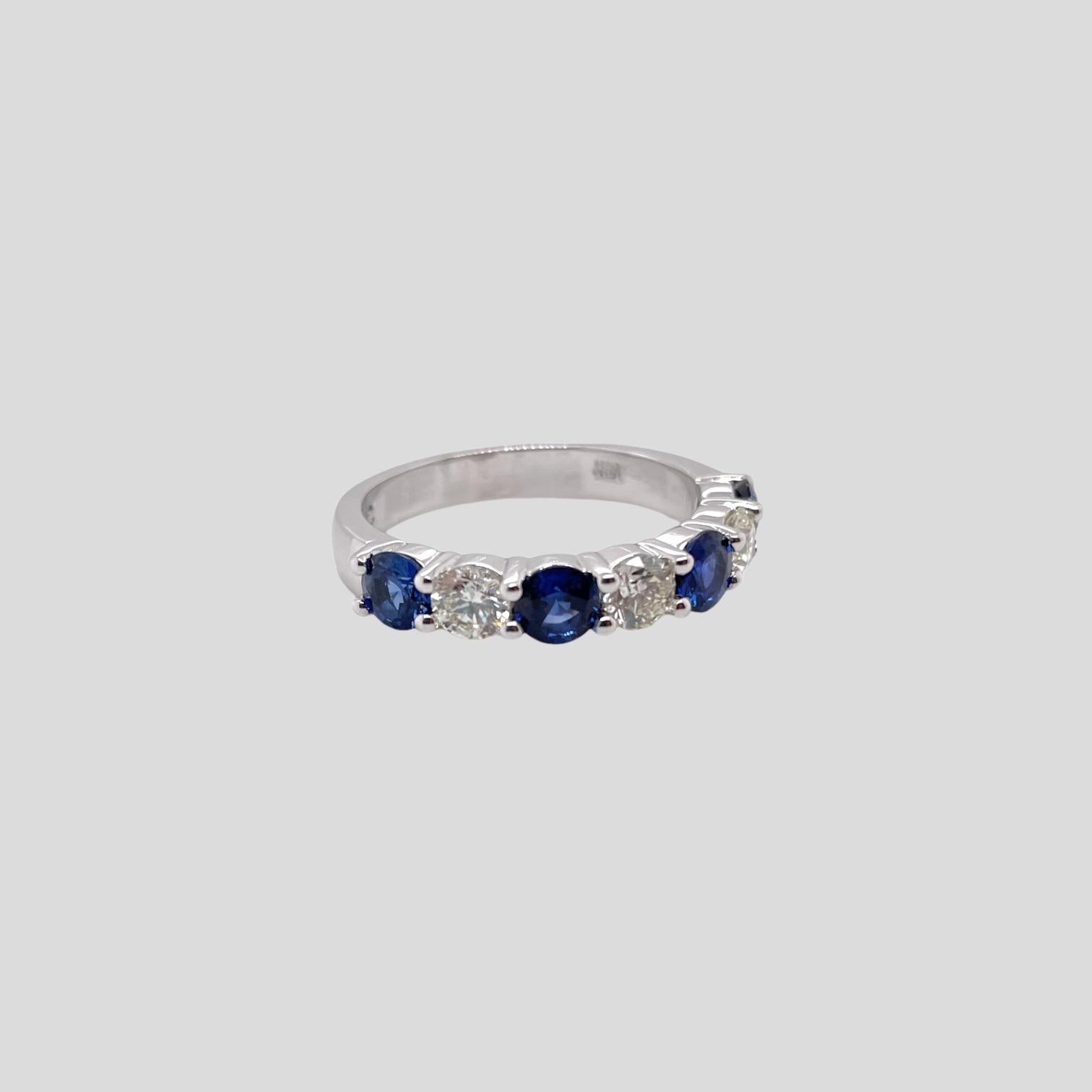 Modern Alternating Round Sapphire & Diamond Ring in 14K White Gold For Sale