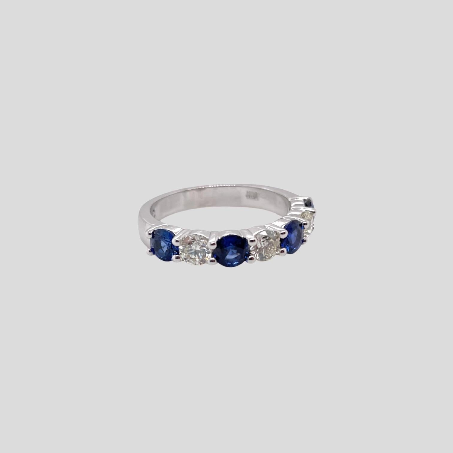 Modern Alternating Round Sapphire & Diamond Ring in 14K White Gold