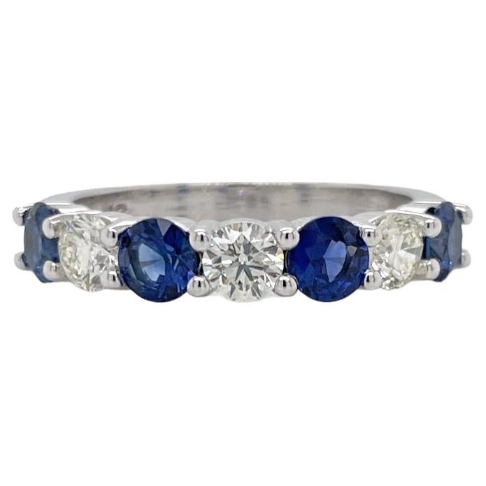 Alternating Round Sapphire & Diamond Ring in 14K White Gold For Sale