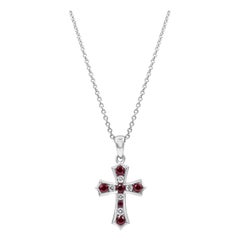 Alternating Ruby and Diamond Cross Pendant Necklace