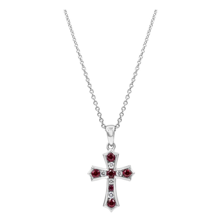 Alternating Ruby and Diamond Cross Pendant Necklace at 1stDibs