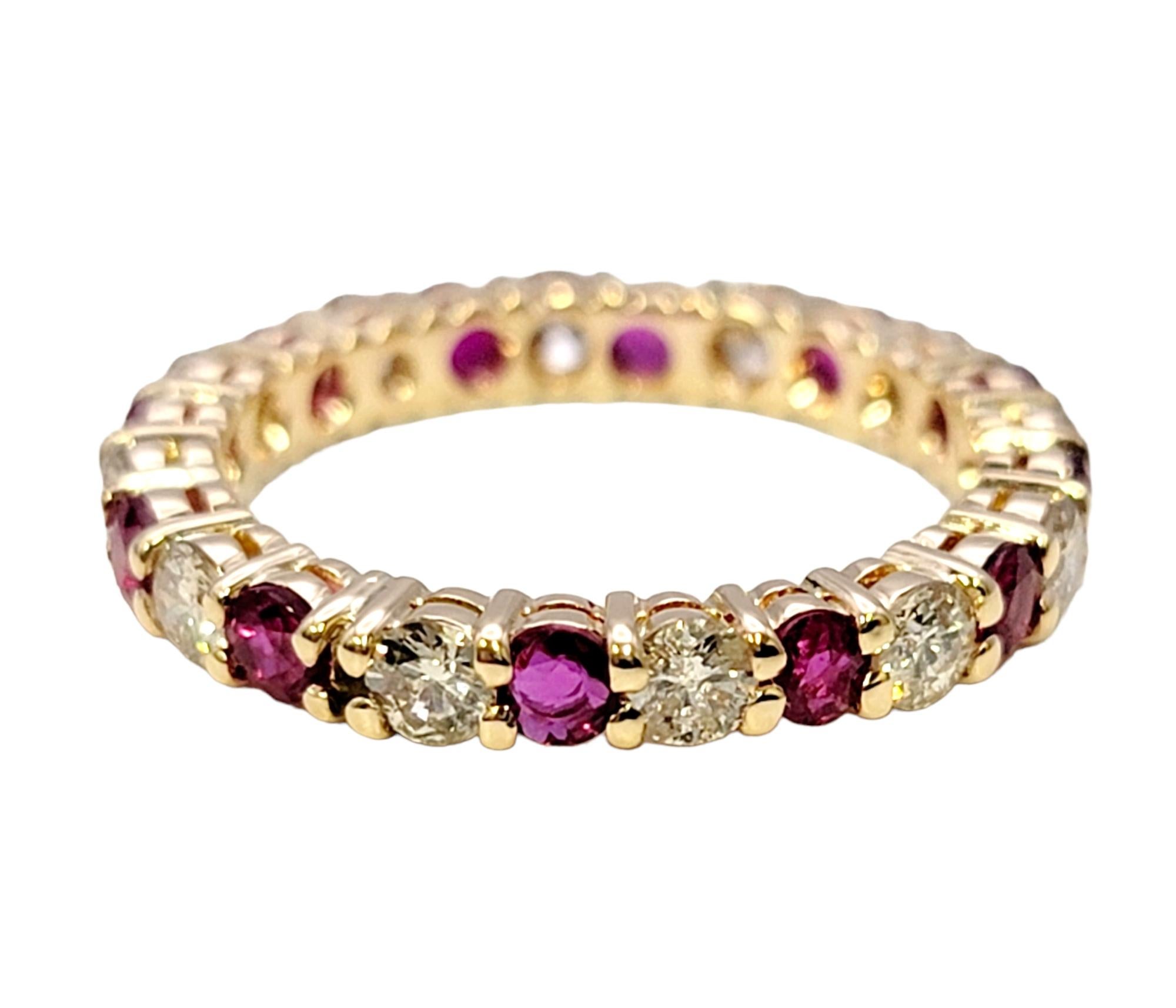 Ring size: 6

This beautiful alternating diamond and ruby eternity band ring is a true testament to elegance and timeless allure. Meticulously crafted in radiant yellow gold, this ring features a breathtaking combination of dazzling white diamonds