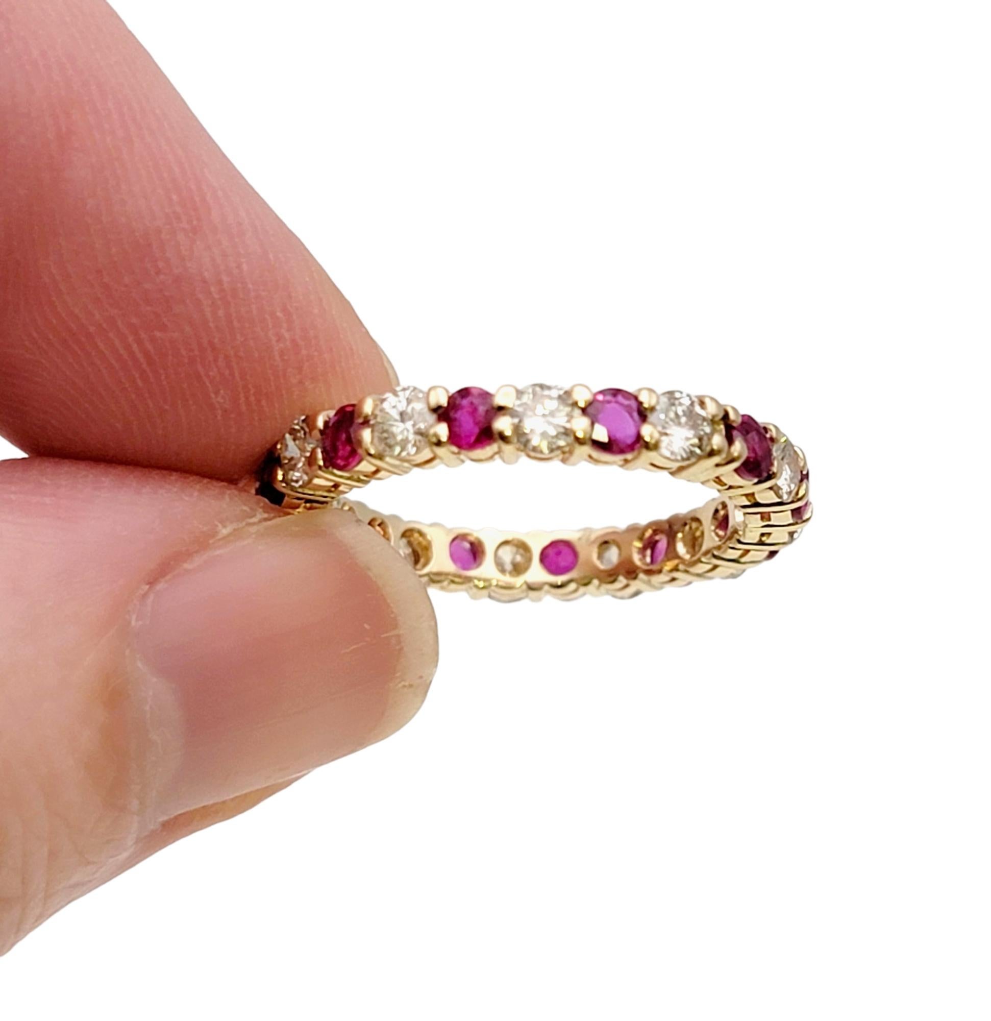 Alternating Ruby and Diamond Eternity Band Ring in 14 Karat Yellow Gold Size 6 In Good Condition For Sale In Scottsdale, AZ