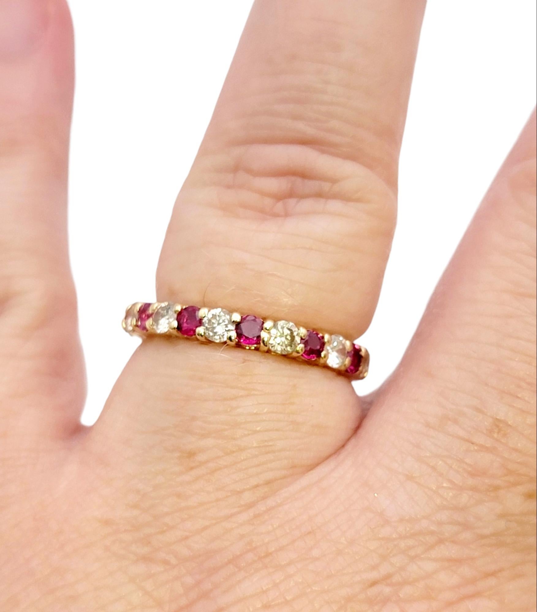 Alternating Ruby and Diamond Eternity Band Ring in 14 Karat Yellow Gold Size 6 For Sale 1