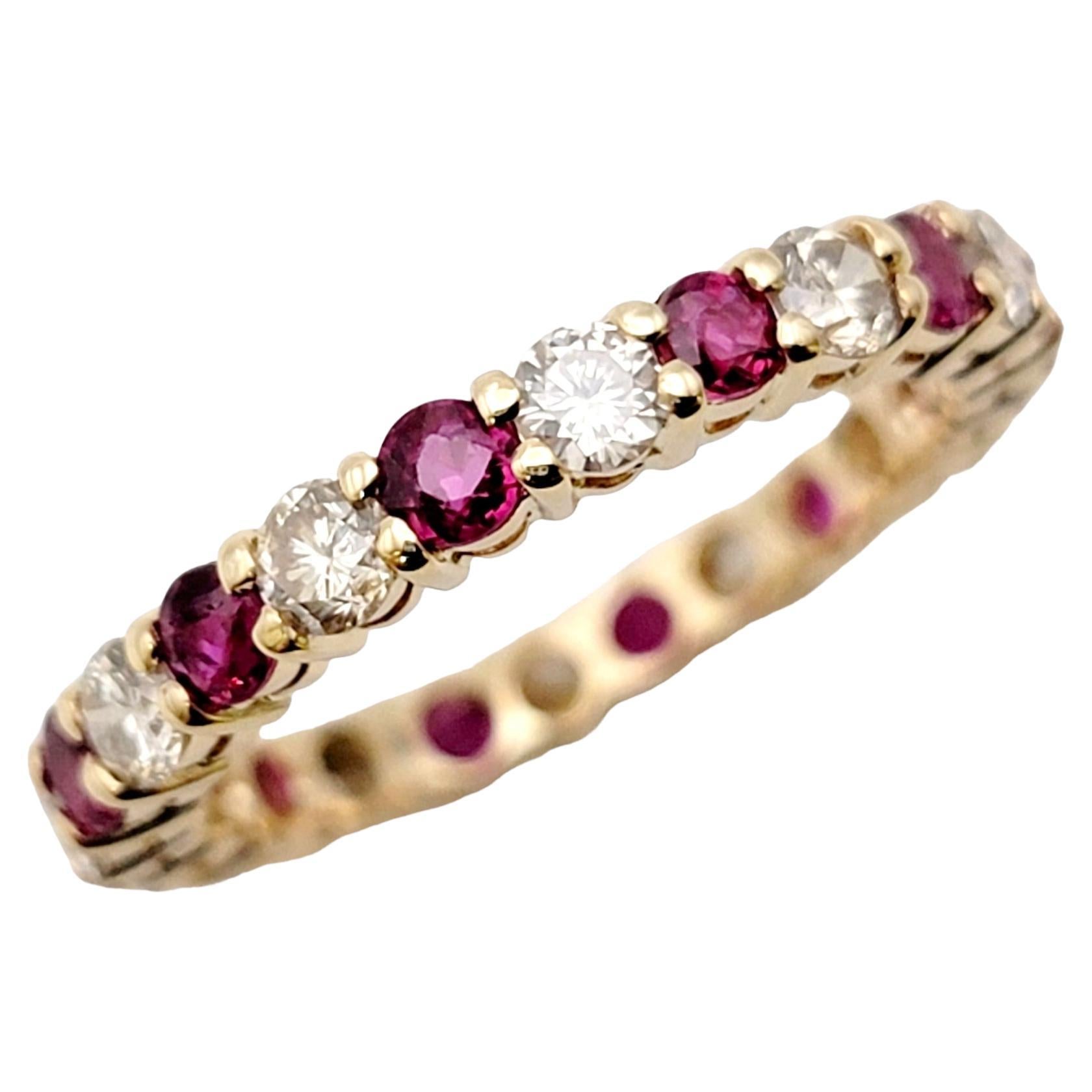 Alternating Ruby and Diamond Eternity Band Ring in 14 Karat Yellow Gold Size 6 For Sale