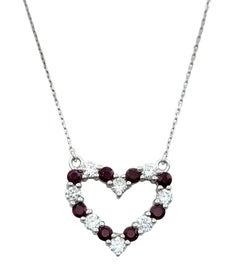 Alternating Ruby and Diamond Open Heart Pendant Necklace in 14 Karat White Gold