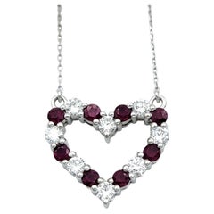 Alternating Ruby and Diamond Open Heart Pendant Necklace in 14K White Gold